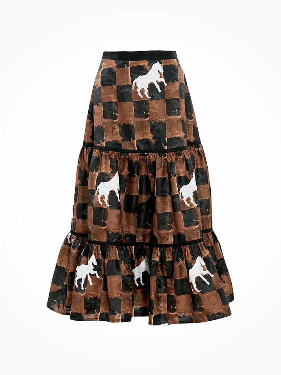 XUNRUO Women Royal Checkmate Skirt Brown