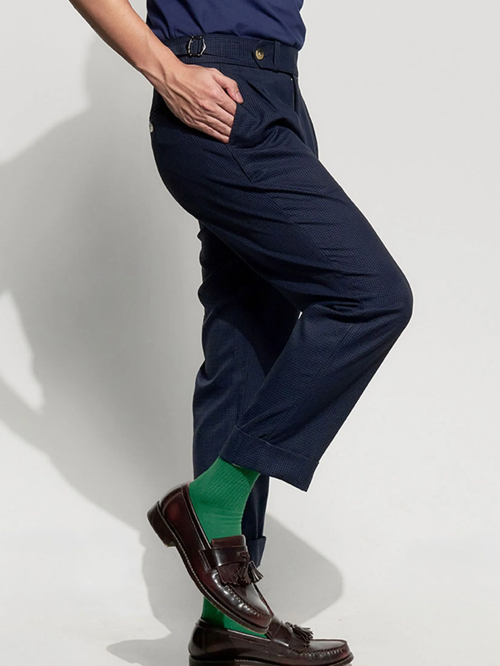 ERA-WON Men's Double belts trousers skinny crop fit Navy Blue