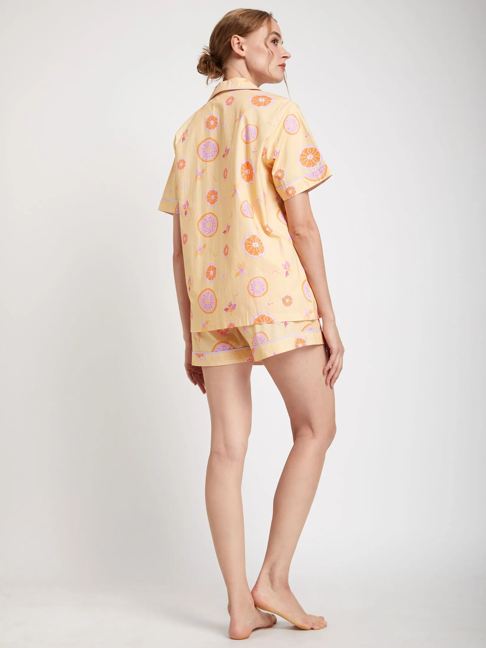 FOF Women Pyjamas Shirt Short Sleeves Collar Neck + Shorts Lemon Print Yellow