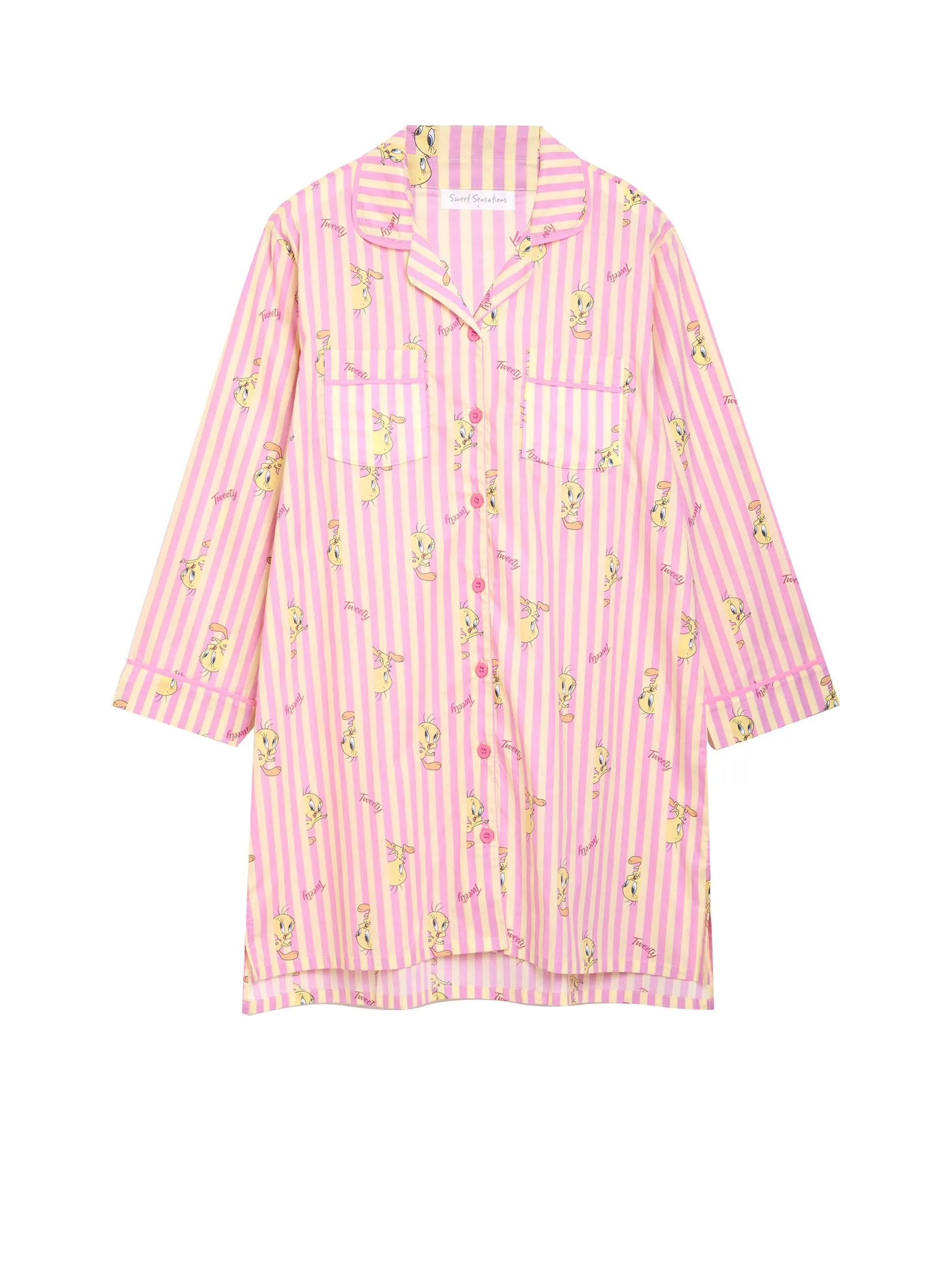 SWEET SENSATIONS Women Pyjamas Dress Long Sleeves Collar Neck Tweety Yellow