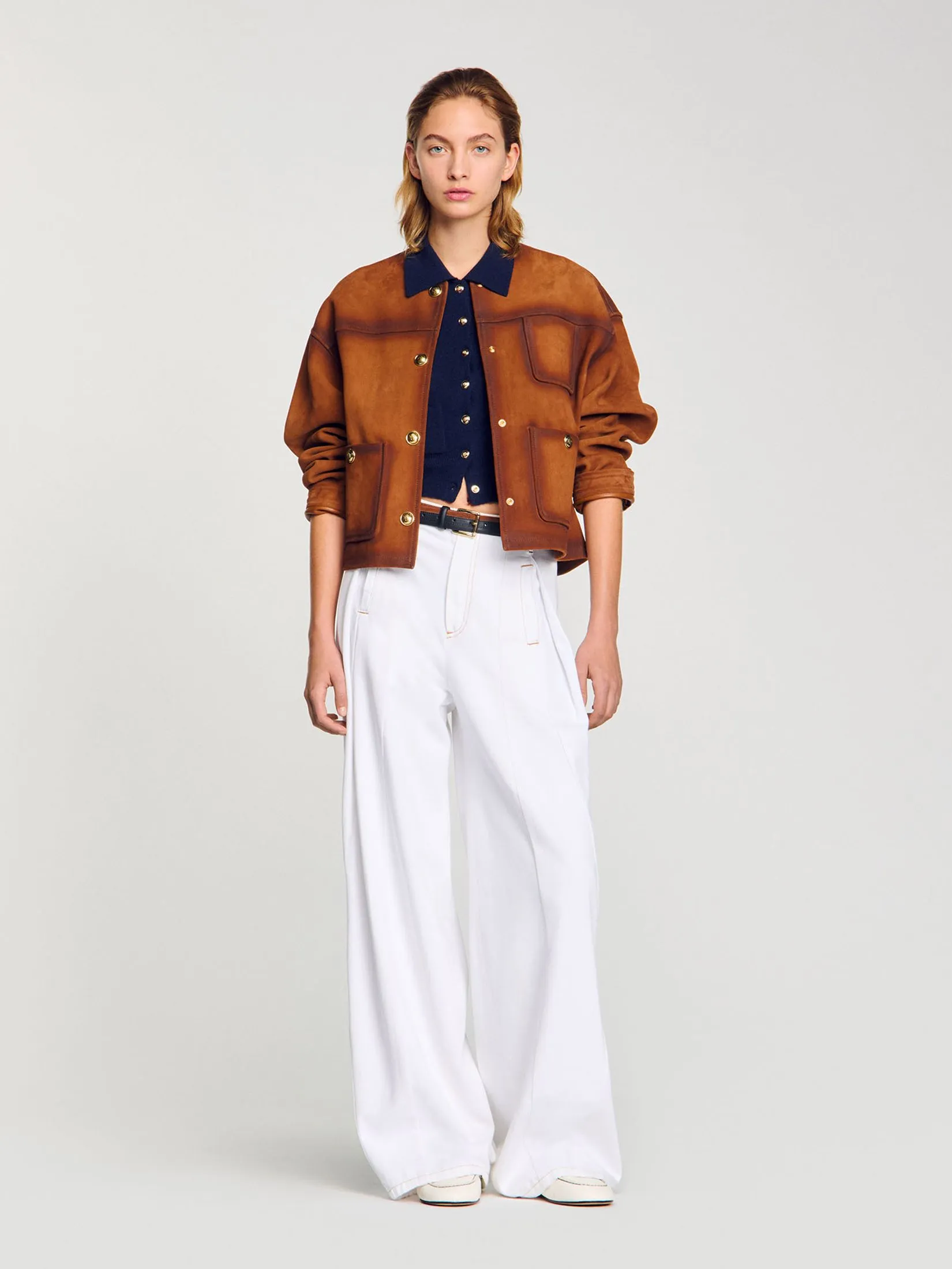 SANDRO Topstitched Wide-Leg Jeans