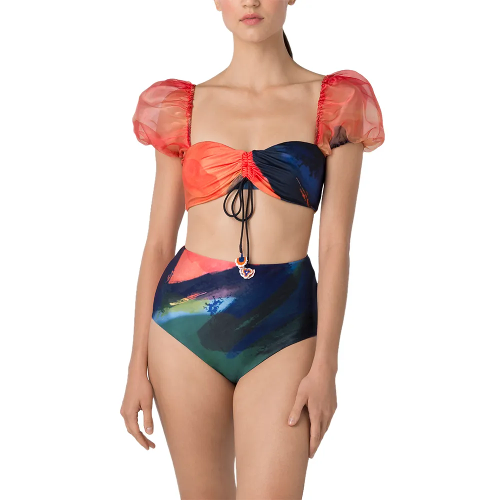 ANGELYS BALEK Multicolor Print Puff Sleeve Cinch Front Tie Bikini & High Waist Brief Women Swimsuit Size - S