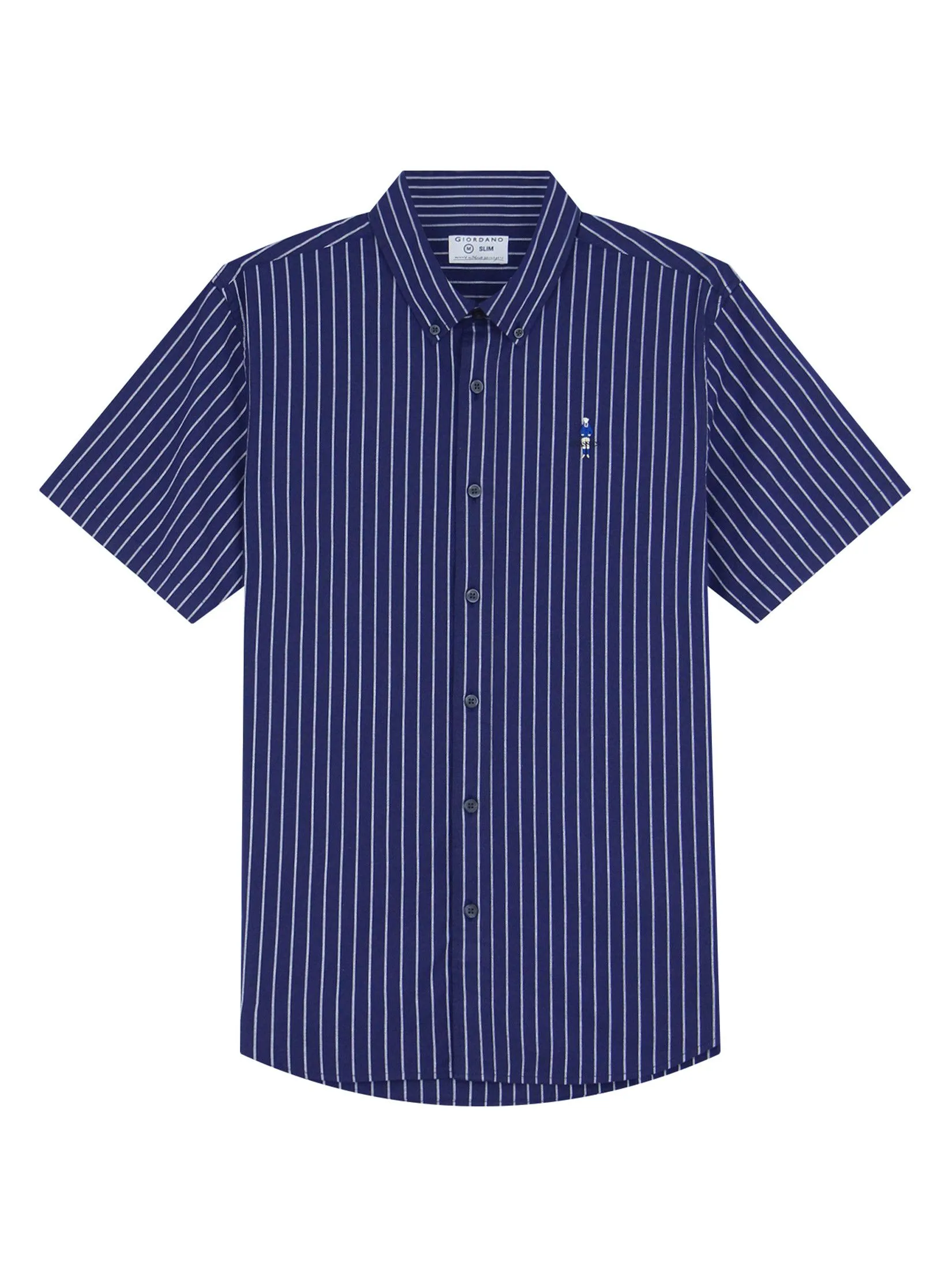 GIORDANO Men's Slim Embroidery Stretch Oxford Shirts (Classic Man) Navy x White