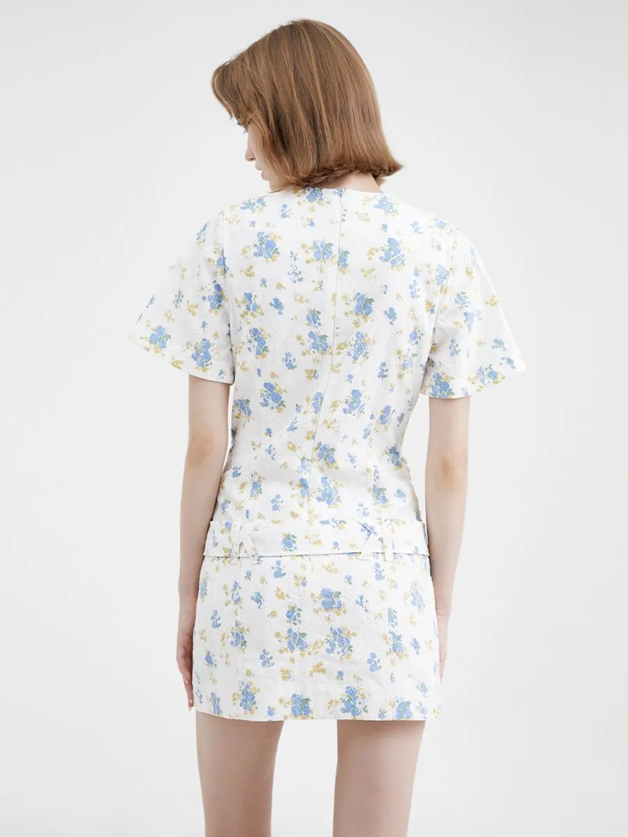 KLOSET (RS23)Flowers Lace Front Pockets Dress With Belt Blue