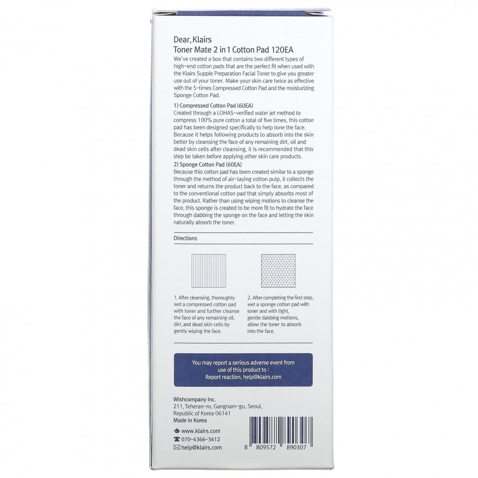 Dear, Klairs, Toner Mate 2 в 1 ватных дисках, 60 сжатых / 60 губчатых ватных дисков