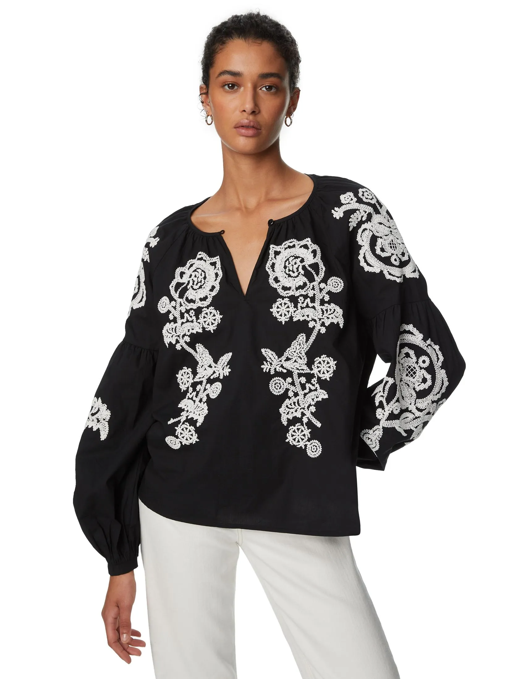 MARKS & SPENCER Women Blouse Pure Cotton Embroidered Puff Sleeve Black