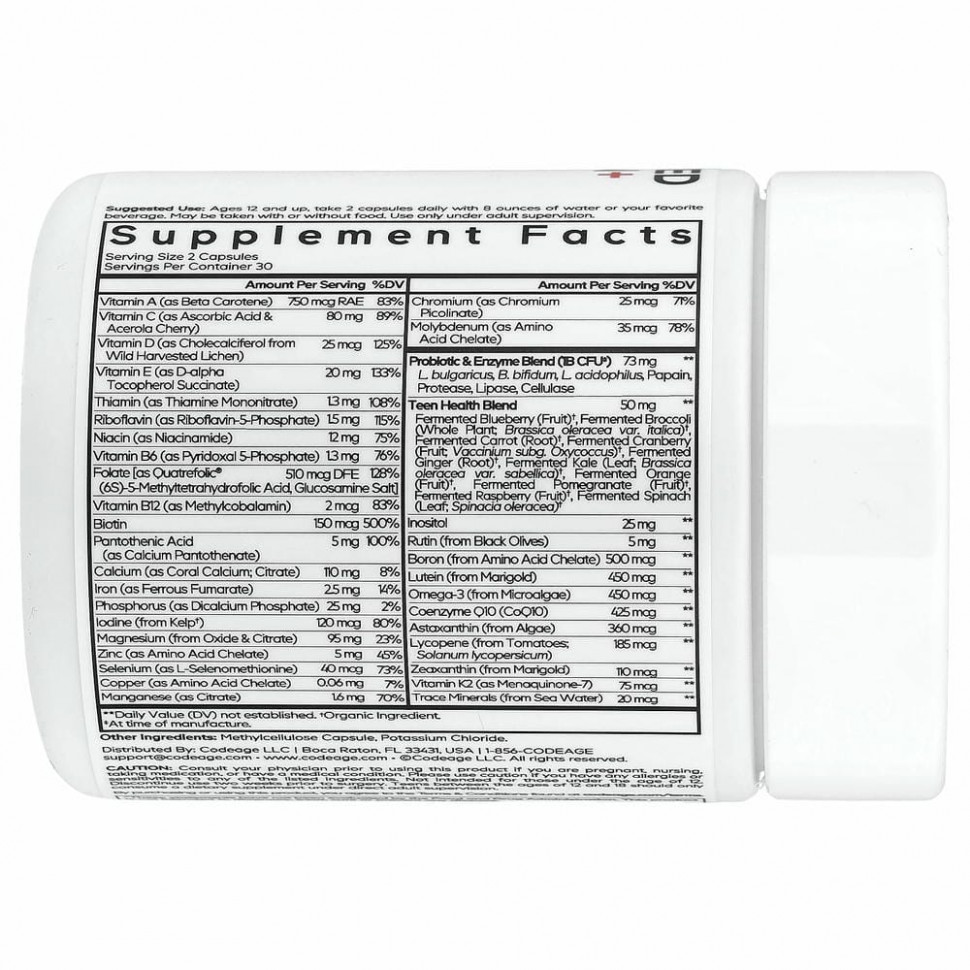 Codeage, Ферментированный мультивитаминный комплекс для подростков, 25+ витаминов, минералы, 60 капсул
