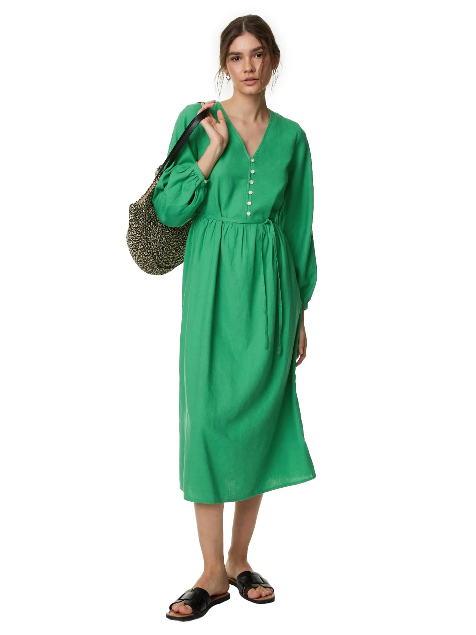 MARKS & SPENCER Women Midi Shift Dress Linen Rich V-Neck Medium Green