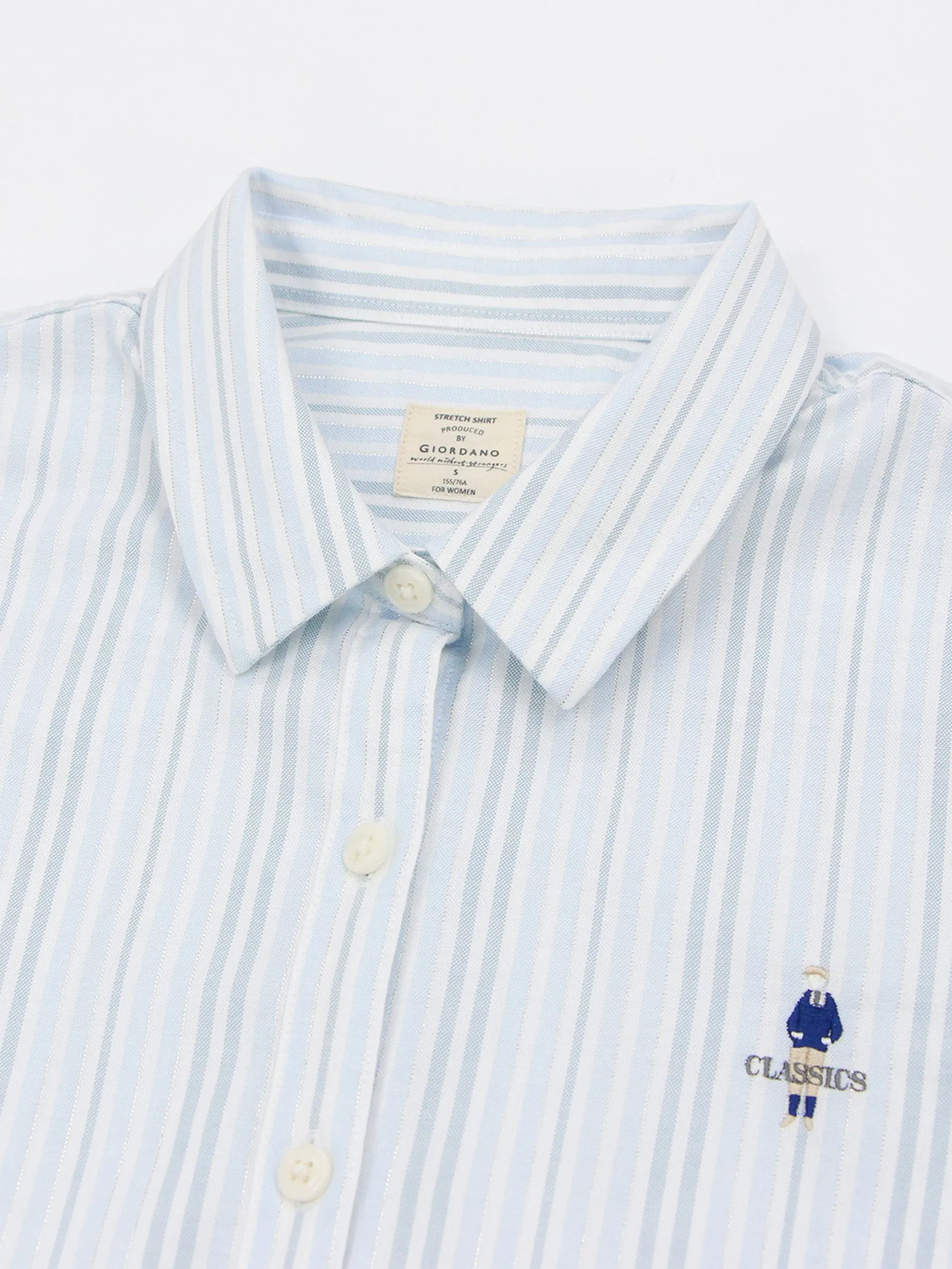 GIORDANO Women's Slim Embroidery Oxford Shirts (Classic Man) Blue x White