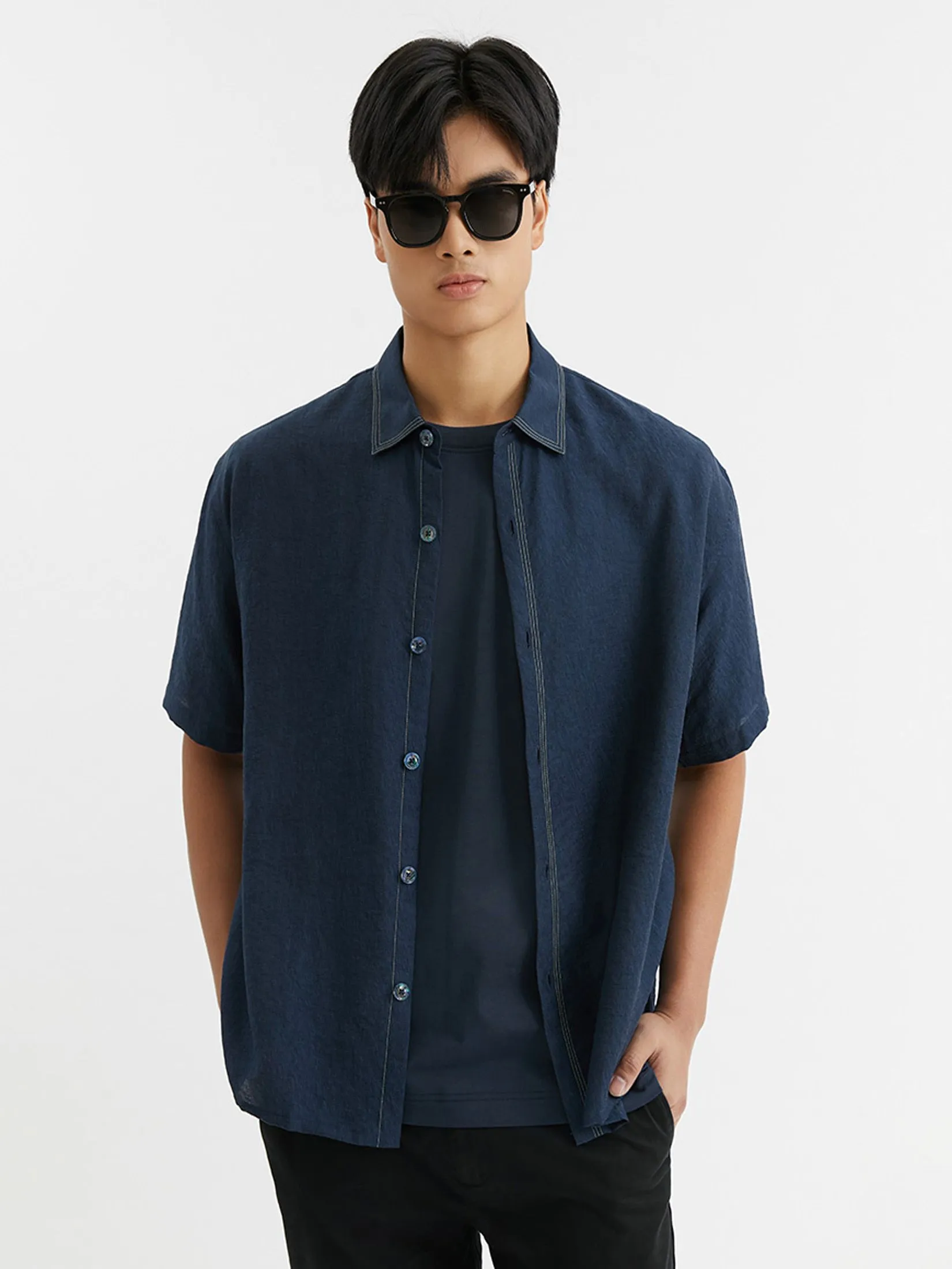 DAPPER Men Tonal Camo Jacquard Shirt Navy