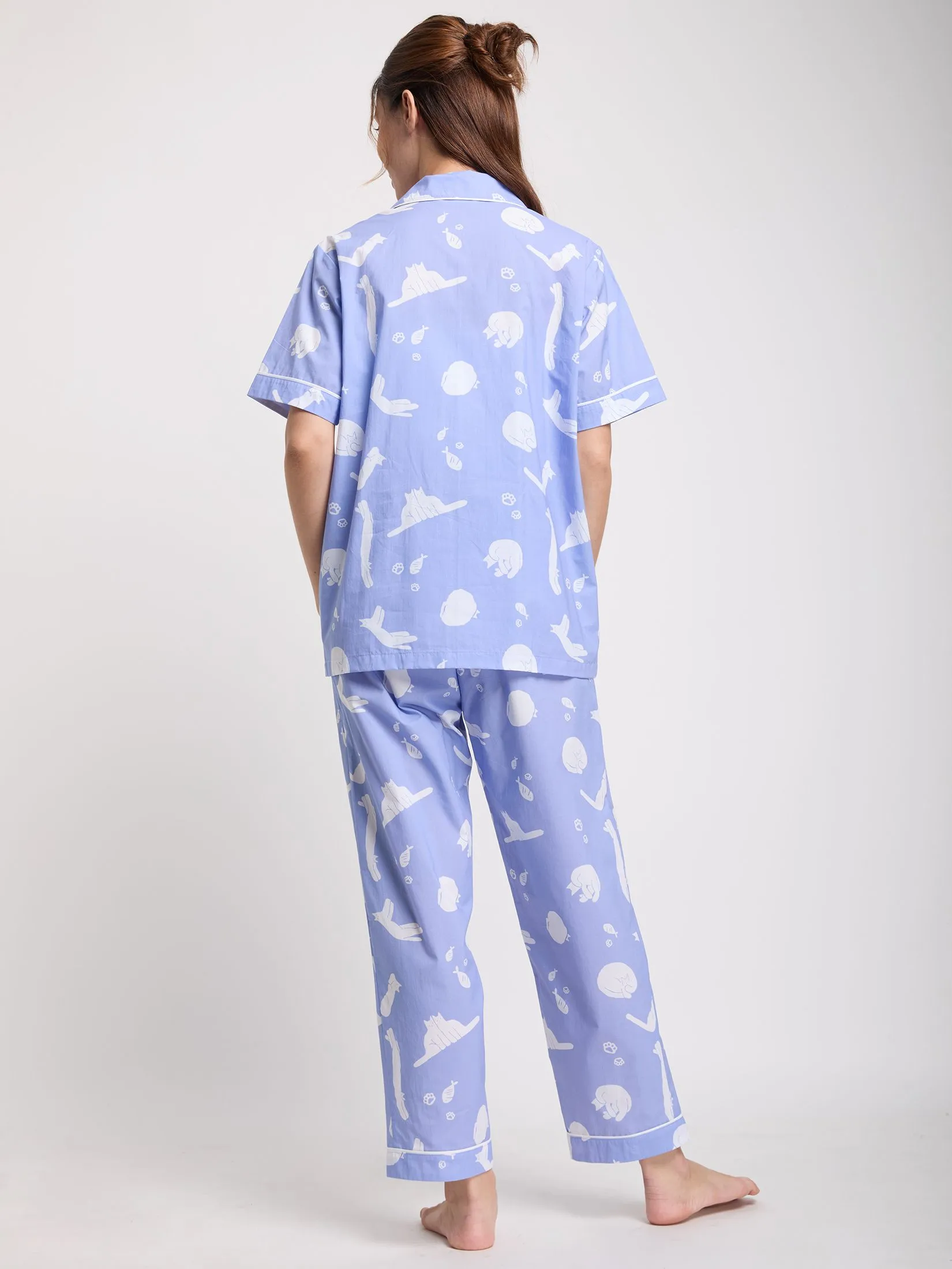 FOF Women Pyjamas Shirt Short Sleeves Collar Neck + Pants Print Purple