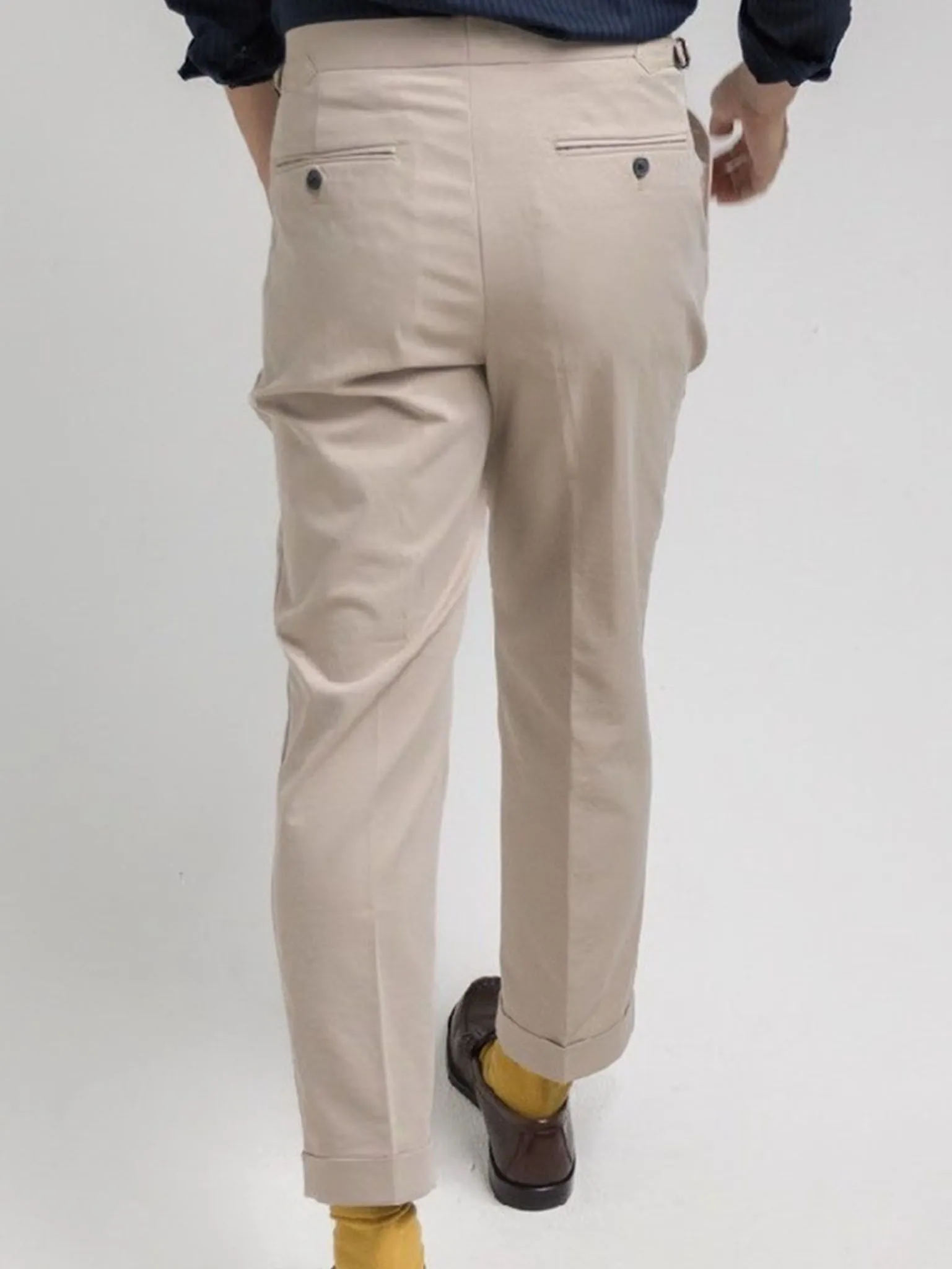 ERA-WON MEN'S PANTS DOUBLE BELTS TROUSERS GOLDEN HOOKS BEIGE