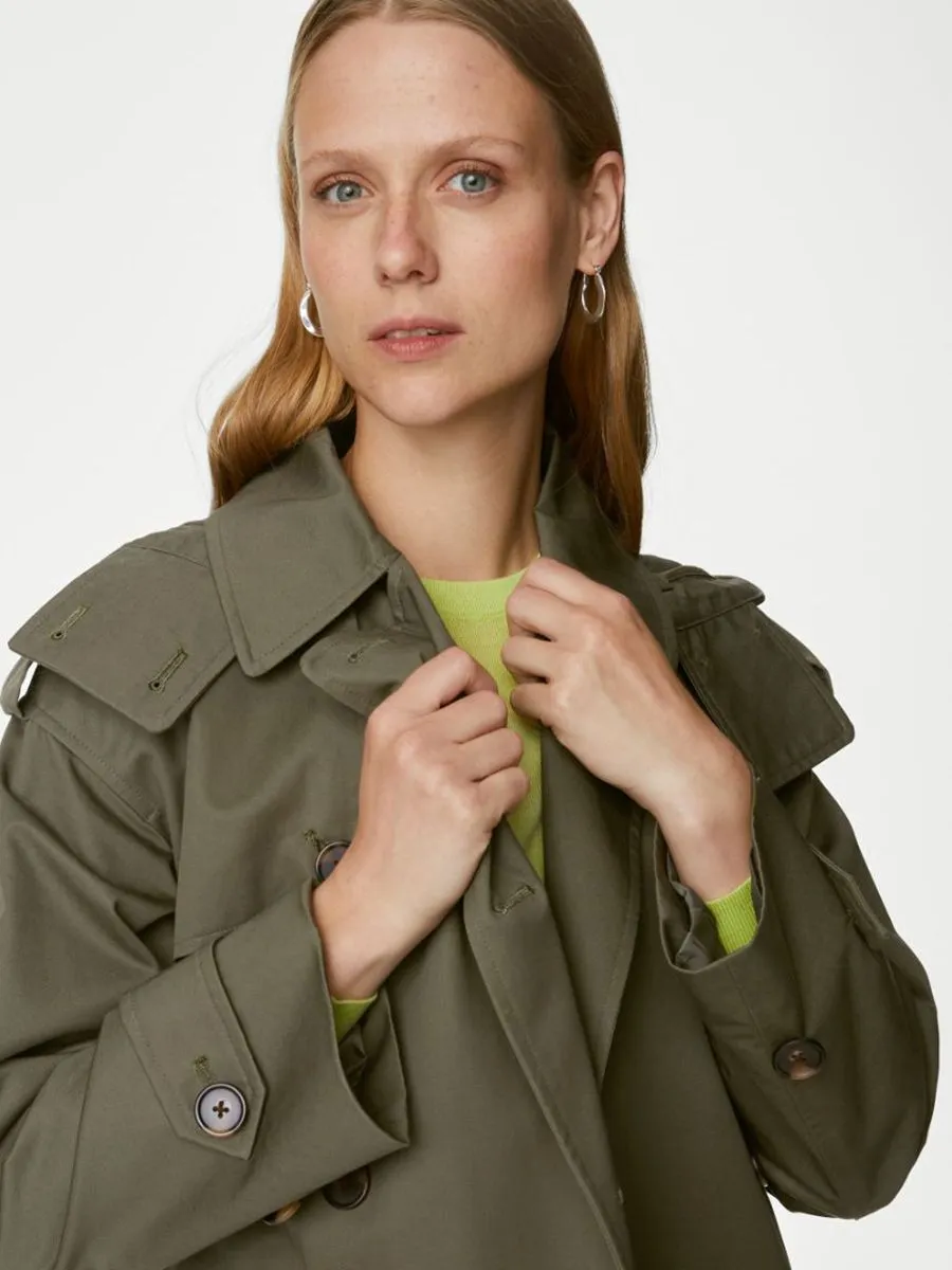 MARKS & SPENCER Women Coat Pure Cotton Stormwear Longline Trench Hunter Green