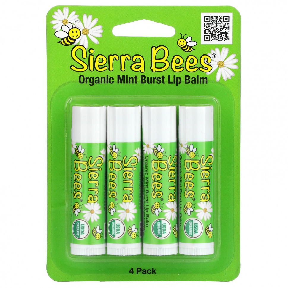 Sierra Bees, Органические бальзамы для губ, мятный взрыв, 4 штуки в упаковке весом 0,15 унции (4,25 г) каждая