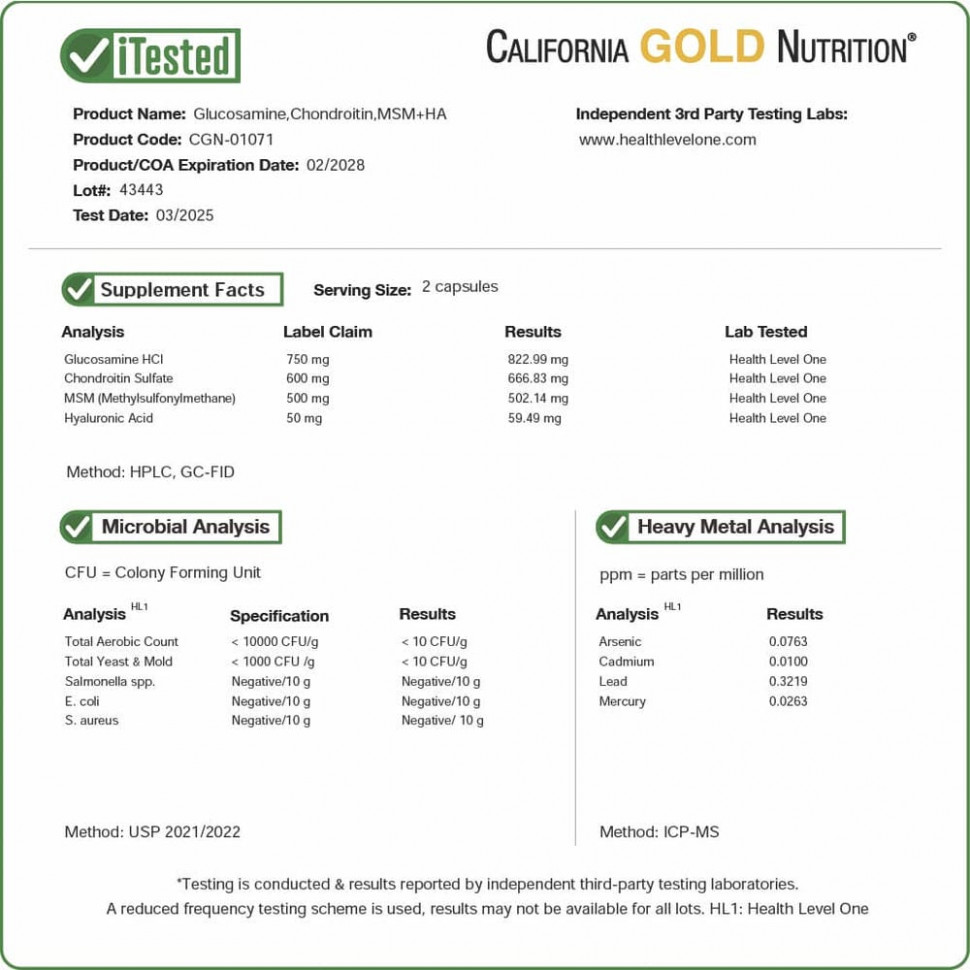 California Gold Nutrition, Глюкозамин, хондроитин и МСМ с гиалуроновой кислотой, 120 растительных капсул