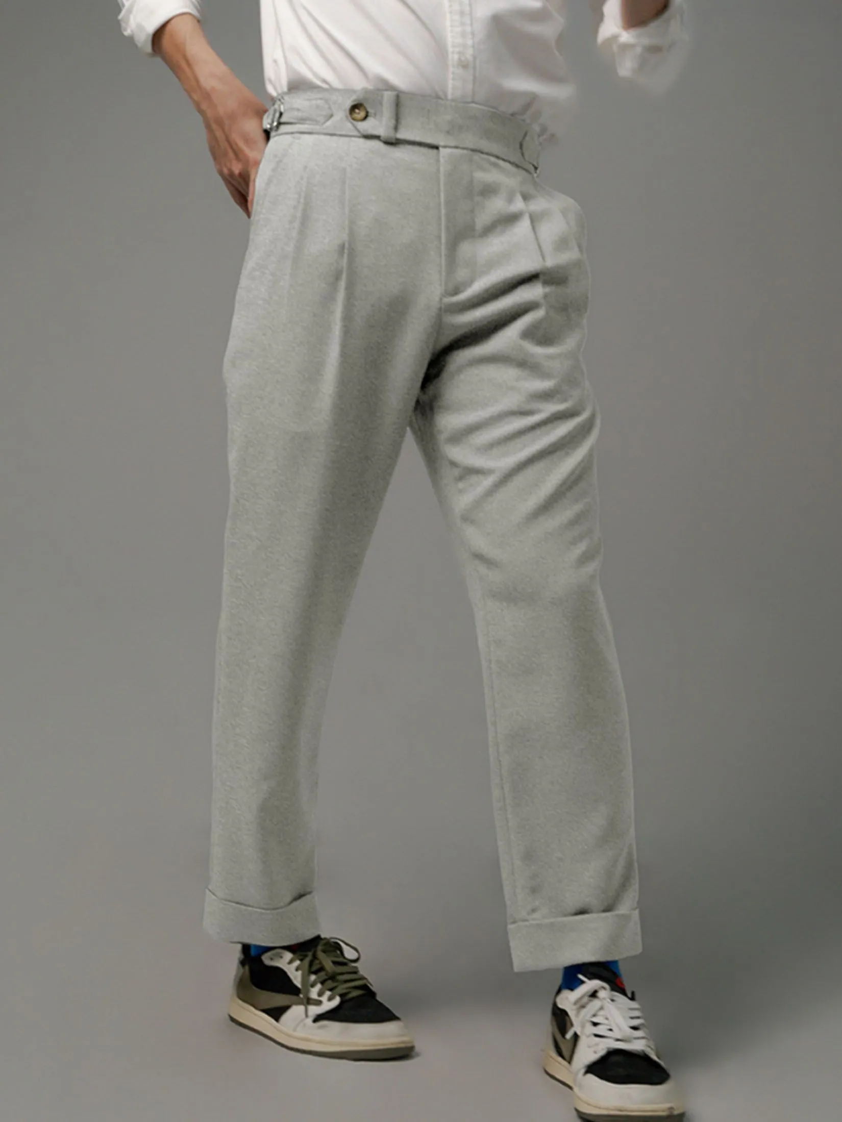 ERA-WON Men's Double belts trousers skinny crop fit Light grey