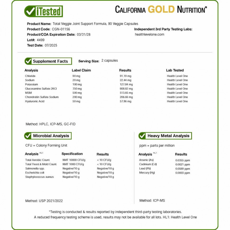 California Gold Nutrition, Растительная добавка для здоровья суставов, глюкозамин, хондроитин, МСМ и гиалуроновая кислота для вегетарианцев, 90 растительных капсул