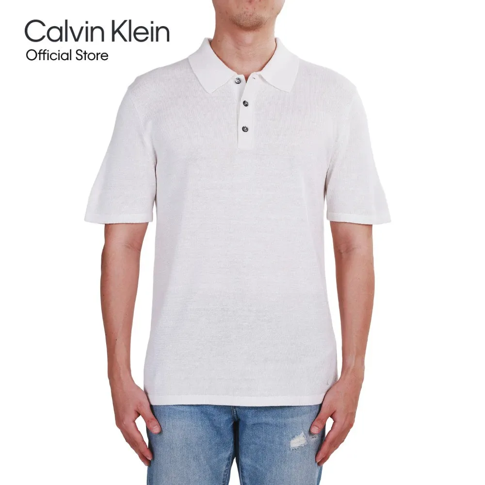 CALVIN KLEIN Men s Linen Blend Classic Sweater Polo Shirt White