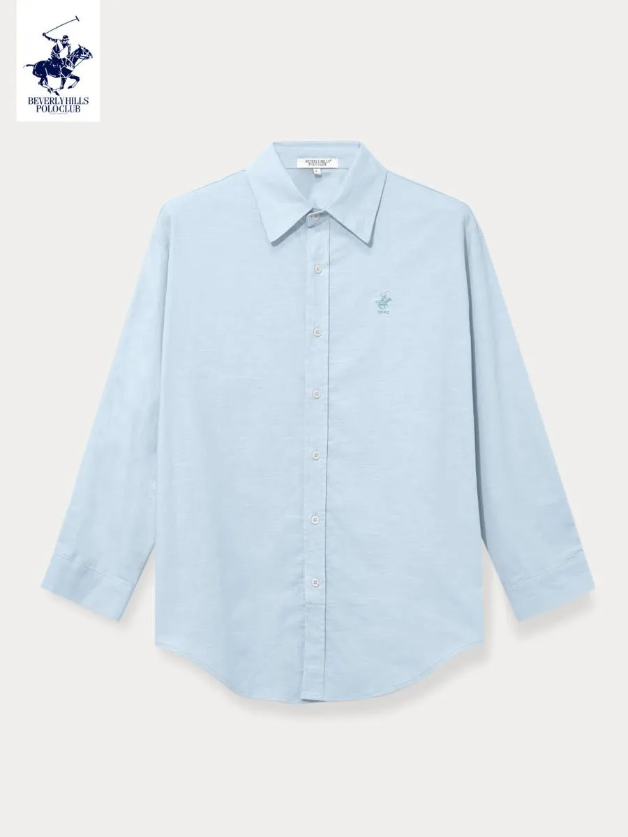 BEVERLY HILLS POLO CLUB Women Cotton Linen Relax Fit Shirt Long Sleeve, Light blue Model LH1D002
