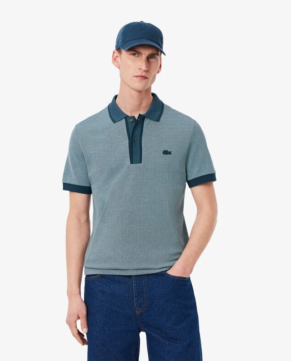 LACOSTE Regular Fit Contrast Caviar Texturized Piqu  Polo Shirt Blue Size - 3