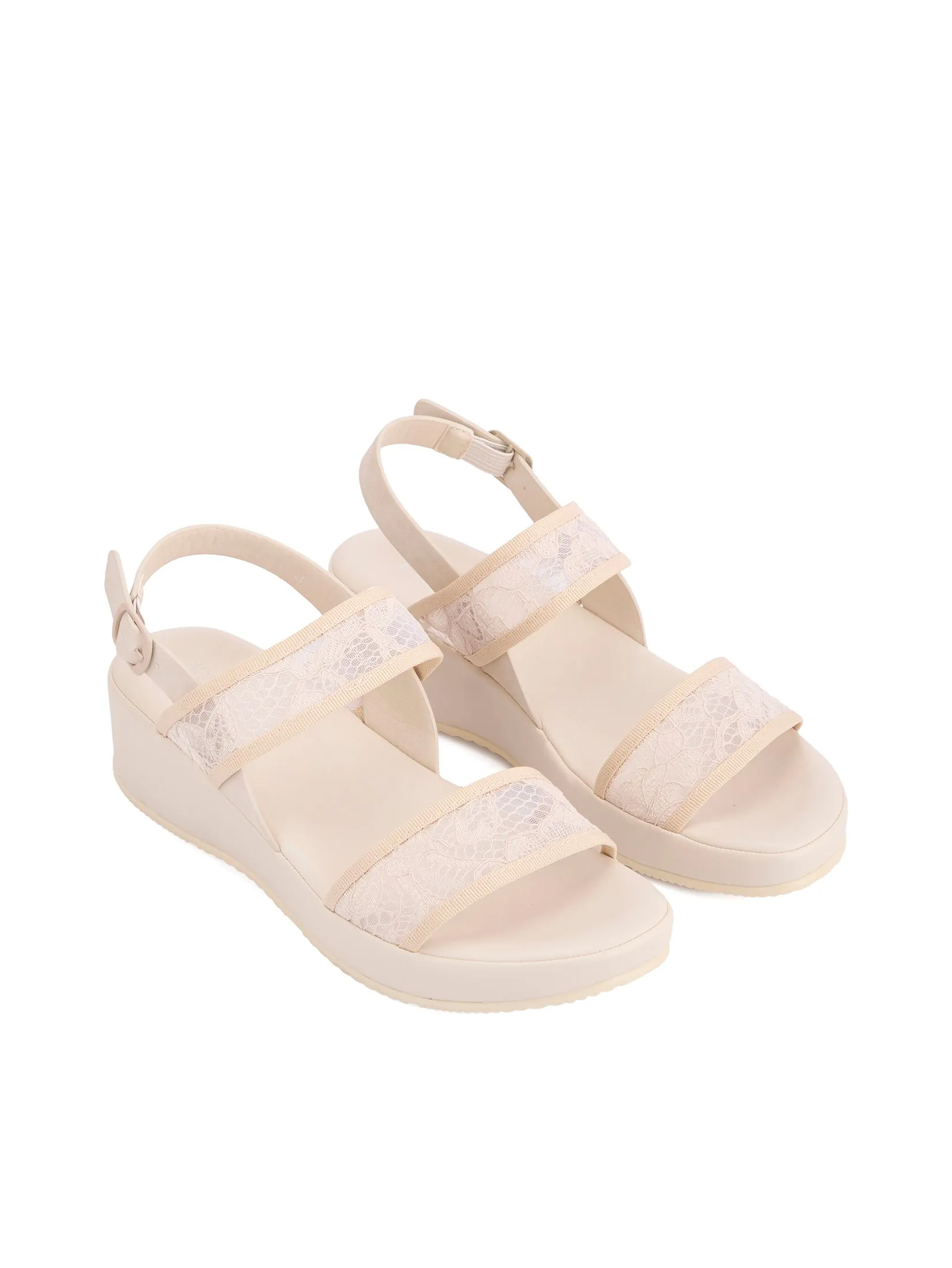 EVERSINCE Women Wedge Sandals Buckle Strap Ivory