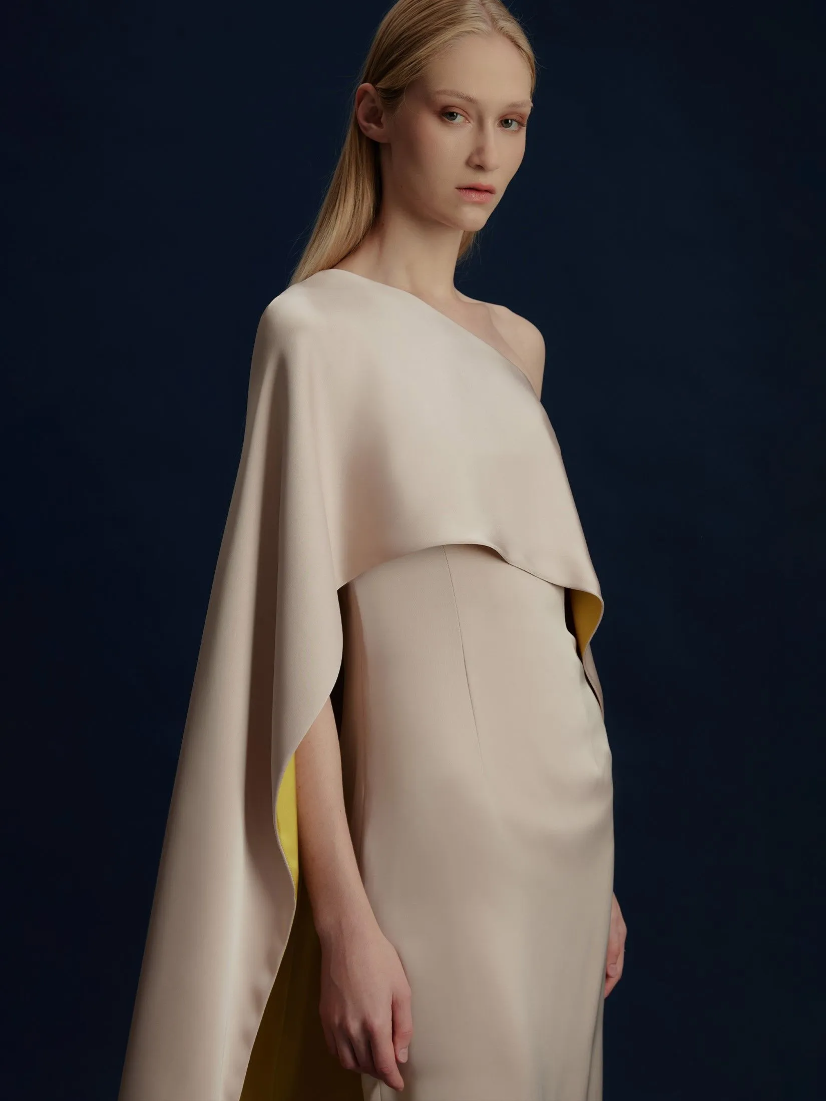 ASAVA ( AW24 ) Isha One-Shoulder Cape Women Dress Beige