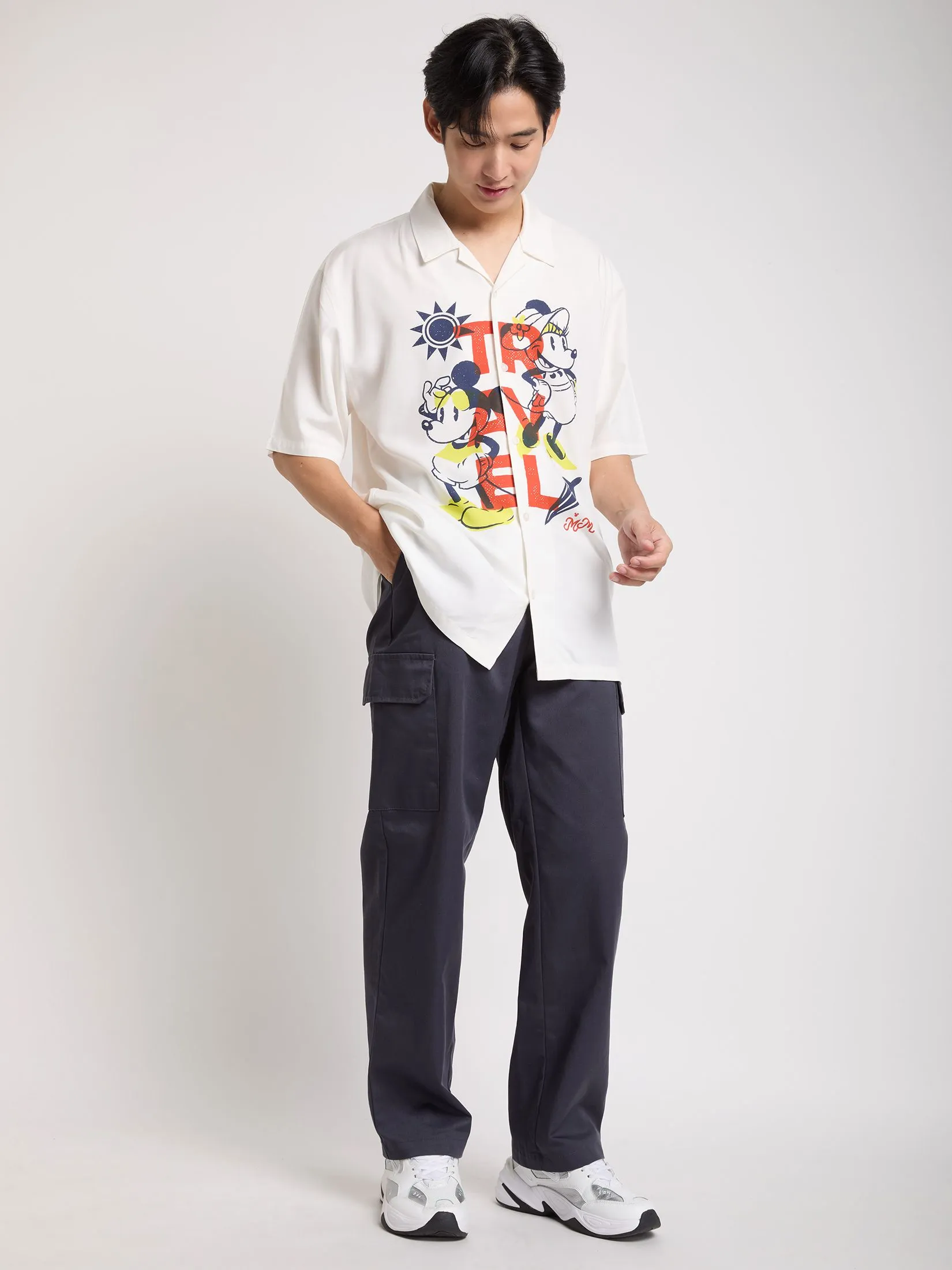 PACIFIC UNION Men Oversized Shirt Short Sleeves Mickey Mouse Graphic Printed White