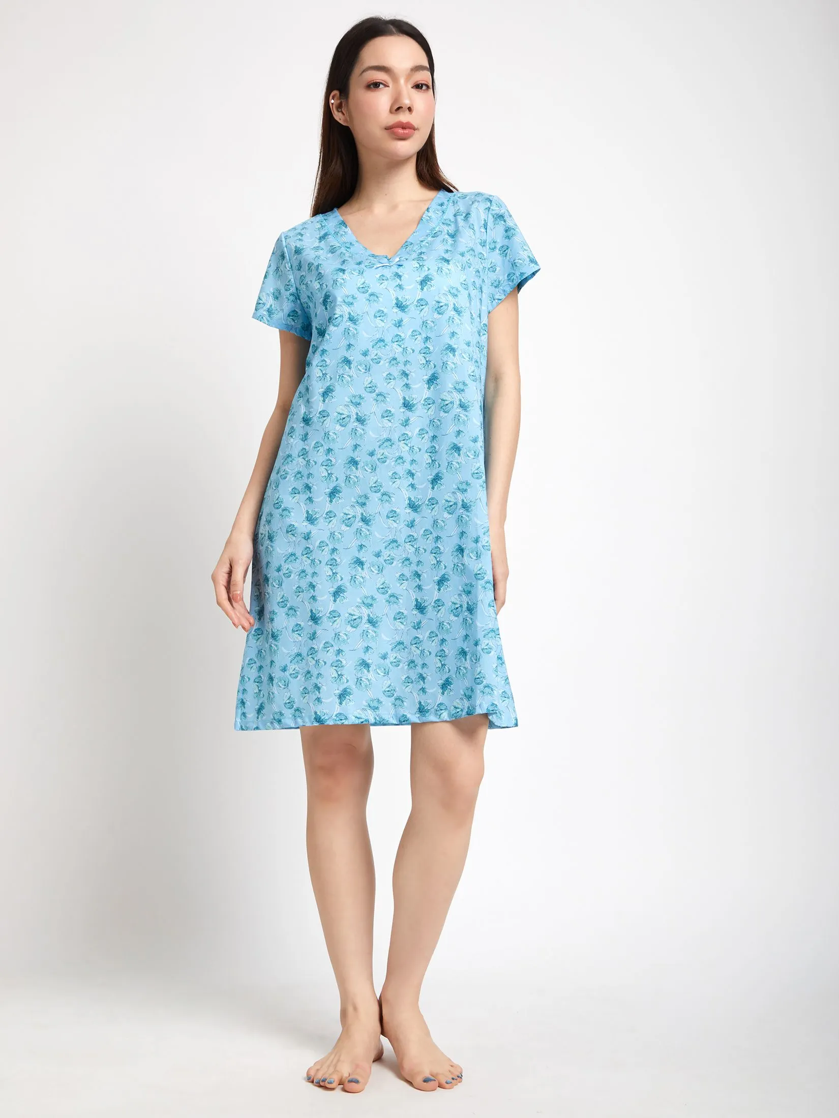 CLAUDIA'S ROMANCE Women Night Dress Short Sleeves V-Neck Floral Print Light Blue