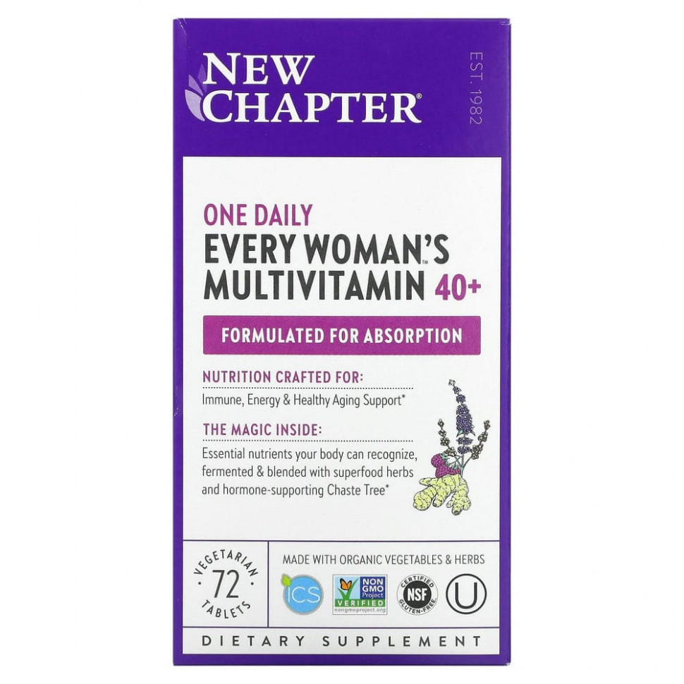 New Chapter, 40+ Every Woman's One Daily, витаминный комплекс на основе цельных продуктов для женщин старше 40 лет, 72 вегетарианские таблетки - NCR-00367-48 шт.