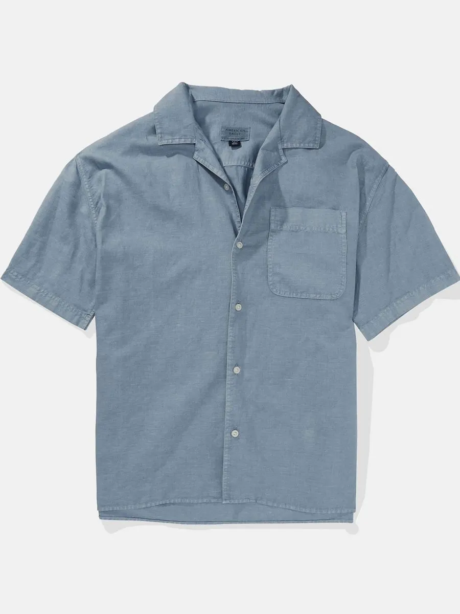 AMERICAN EAGLE MEN SS OVERSIZED CAMP COLLAR LINEN SOLIDS 401 LIGHT BLUE