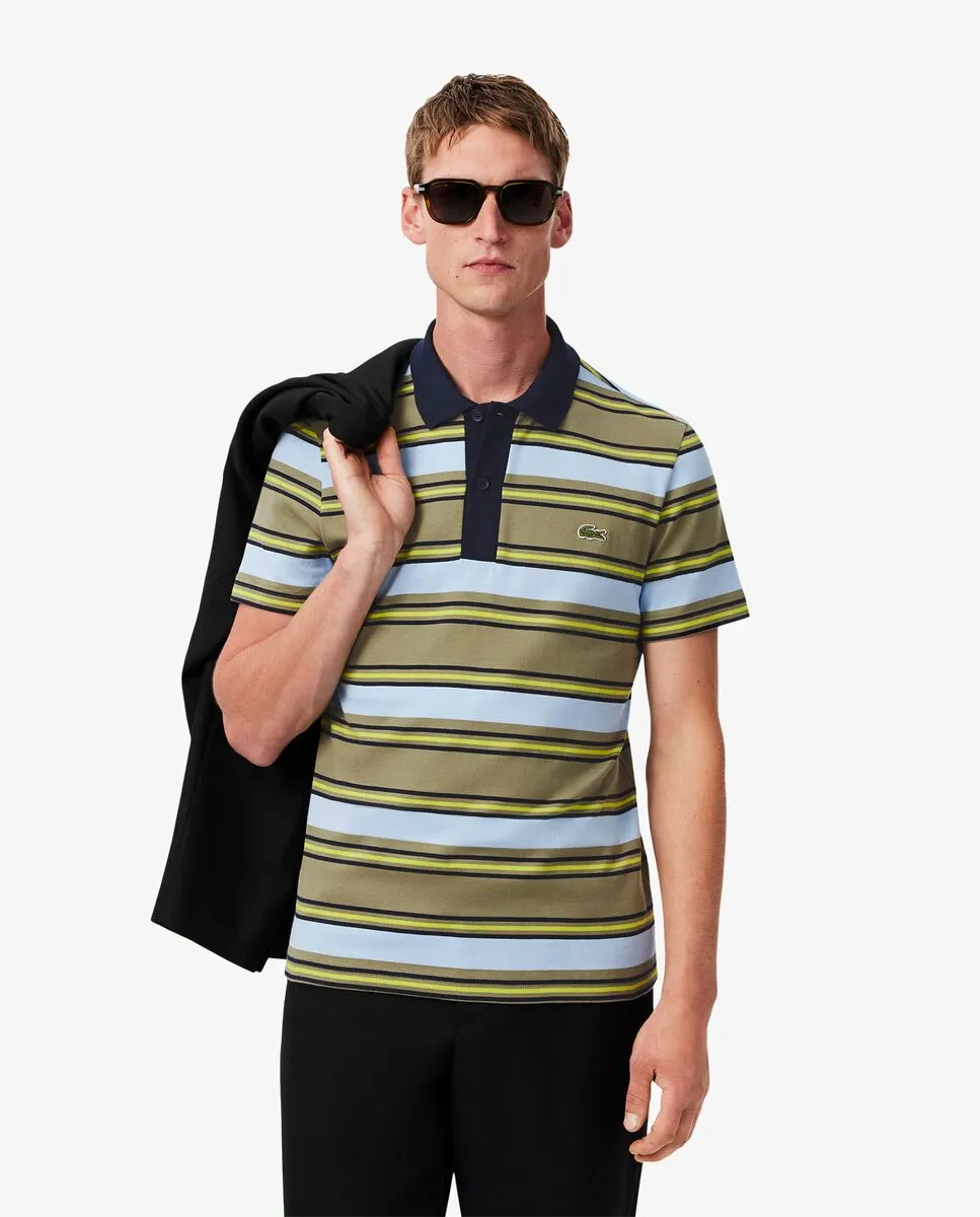 LACOSTE Regular Fit Striped Cotton Polo Shirt Green