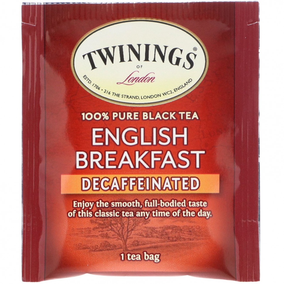 Twinings, 100% чистый черный чай, английский завтрак, без кофеина, 25 чайных пакетиков, 50 г (1,76 унции)
