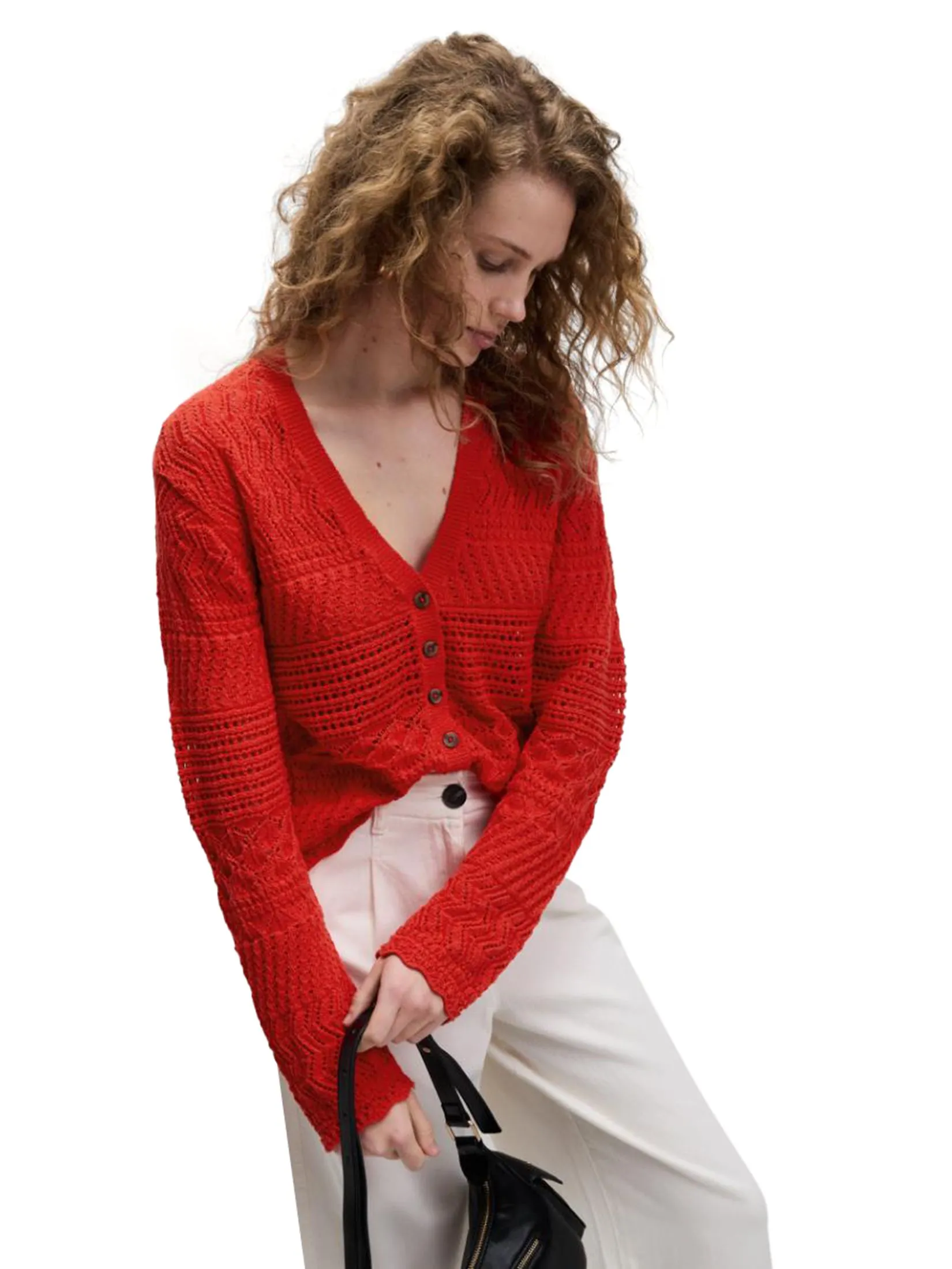 MARKS & SPENCER Women Cardigan V-Neck Button Front Cotton Blend Pointelle Tomato