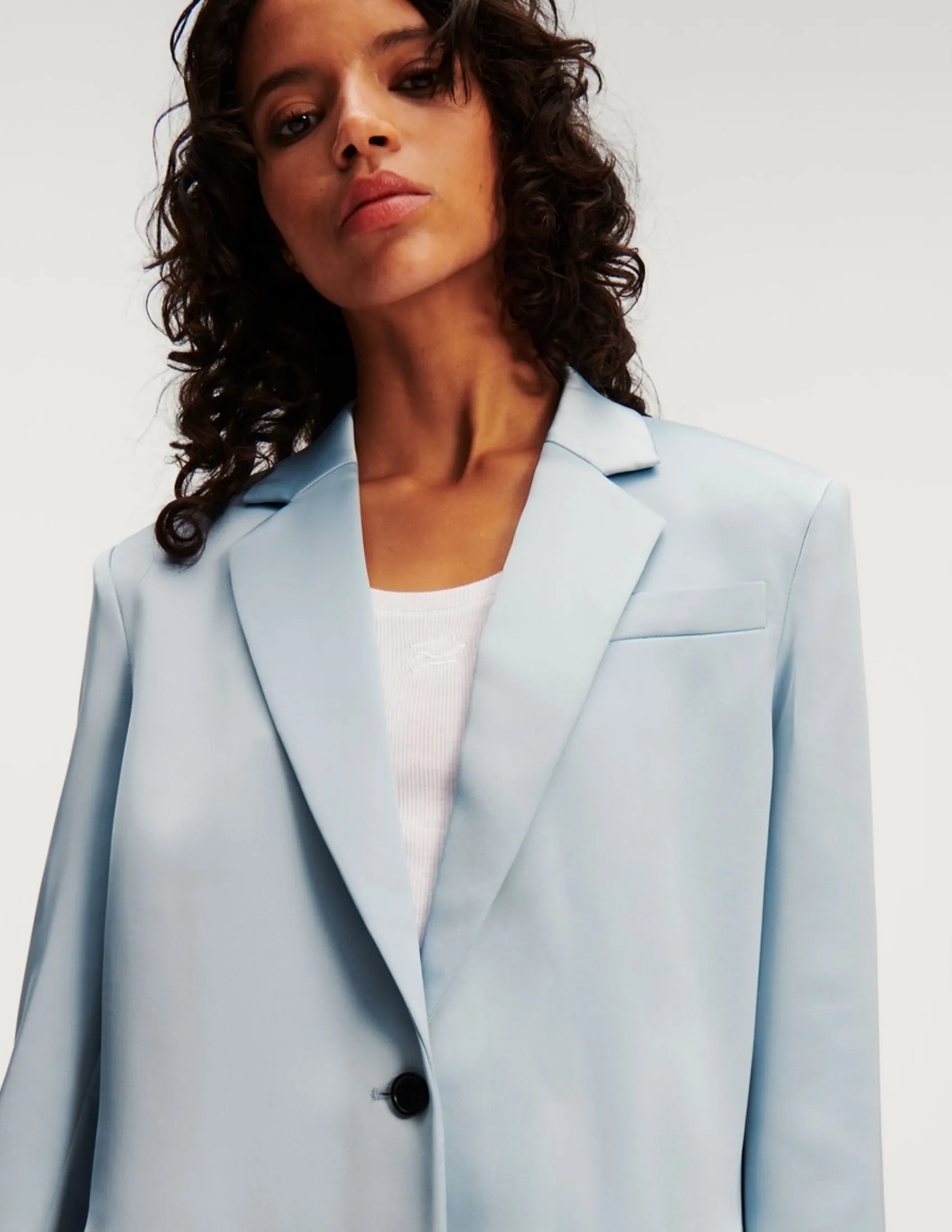 KARL LAGERFELD RTW-1 FLUID SATIN TAILORED WOMEN BLAZER CASHMERE BLUE