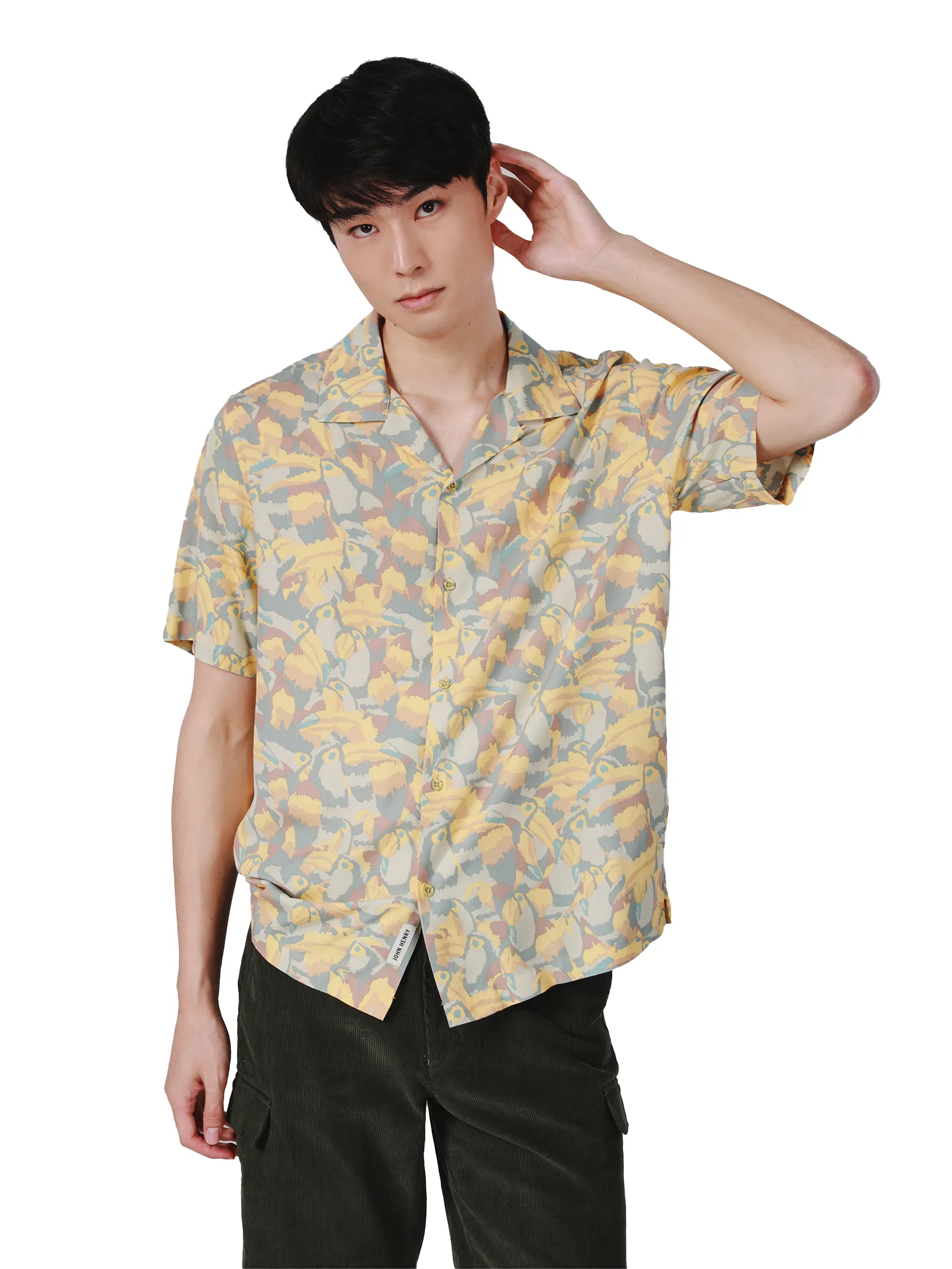 JOHN HENRY Men s Short Sleeves Hawaii Shirts (Relaxed Fit) SONGKRAN FESTIVAL Yellow Size - L
