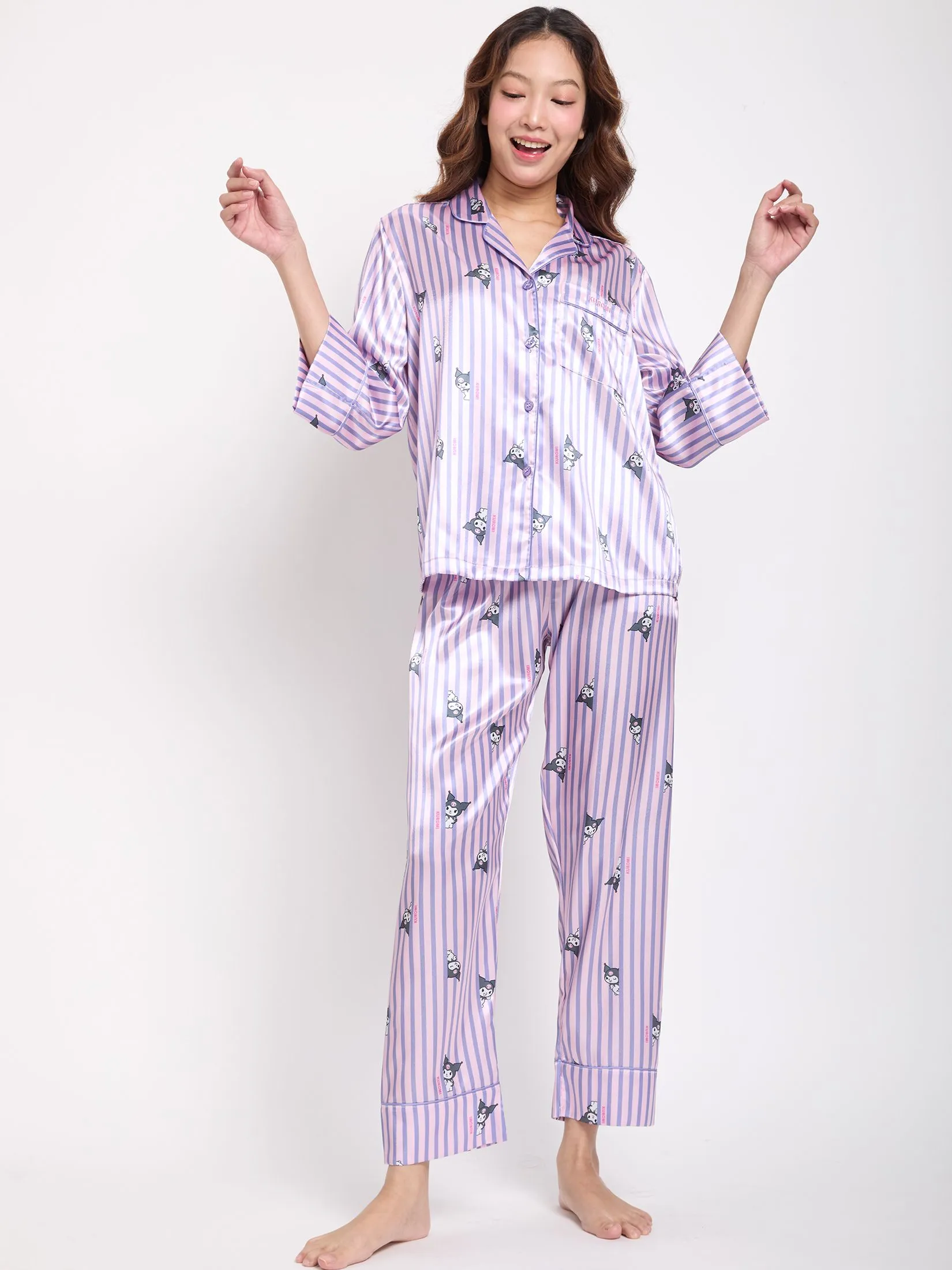 SANRIO Women Pyjamas Shirt Long Sleeves + Pants Satin Kuromi Purple