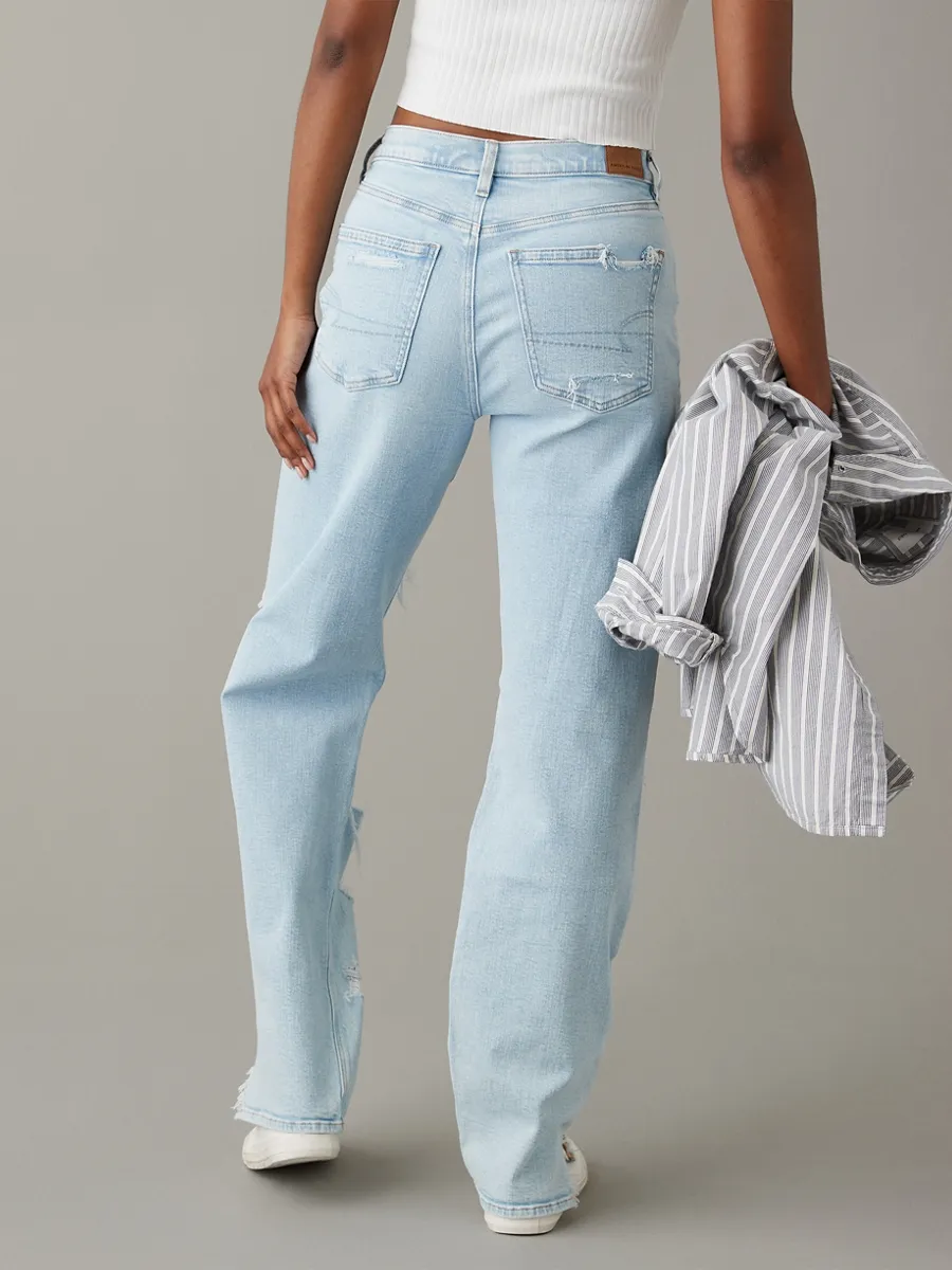 AMERICAN EAGLE WOMEN SUPER HIGH-RISE BAGGY STRAIGHT JEANS 508 LIGHT DESTROY WASH