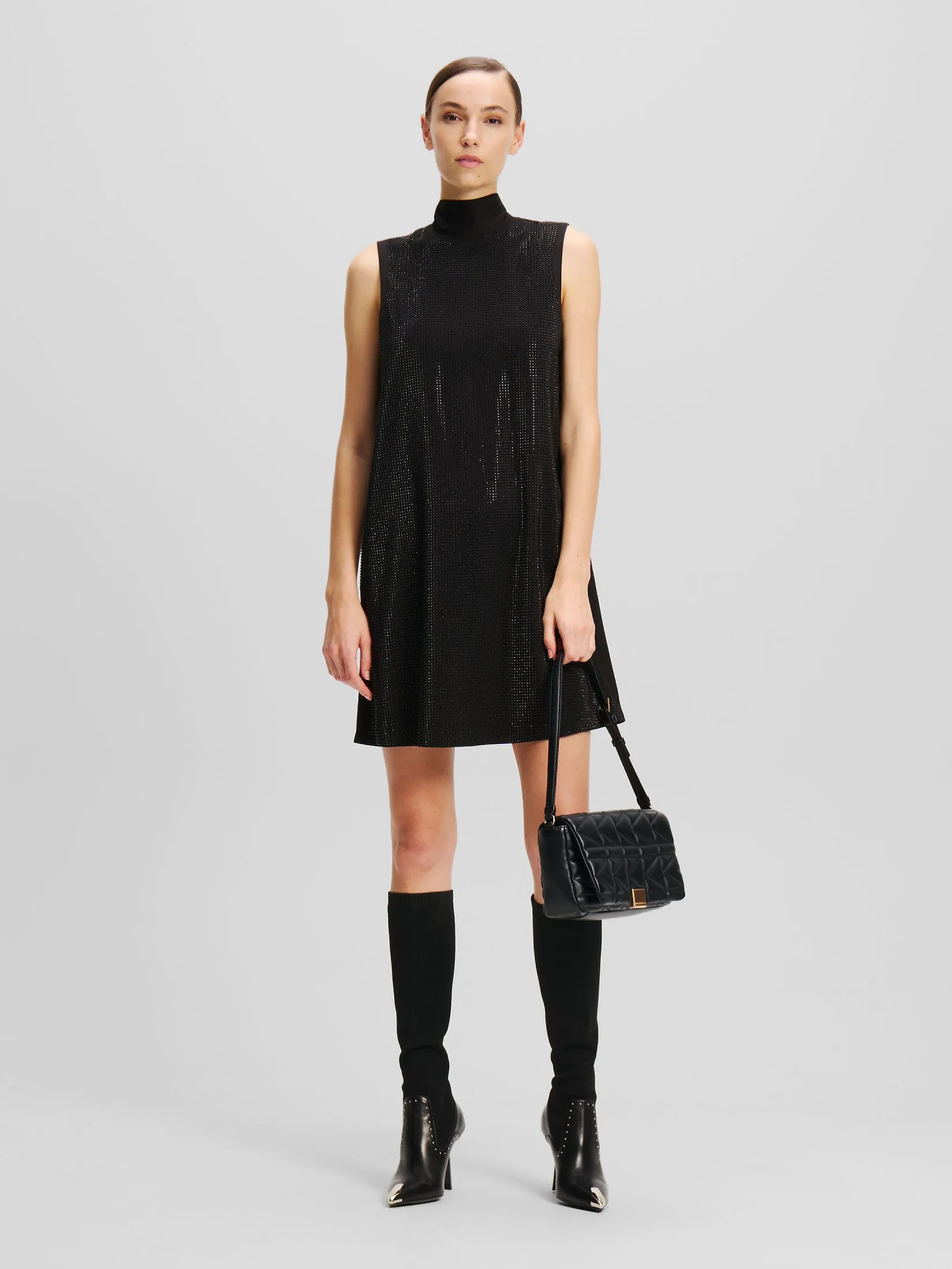 KARL LAGERFELD RHINESTONE SHIFT BOW DRESS BLACK
