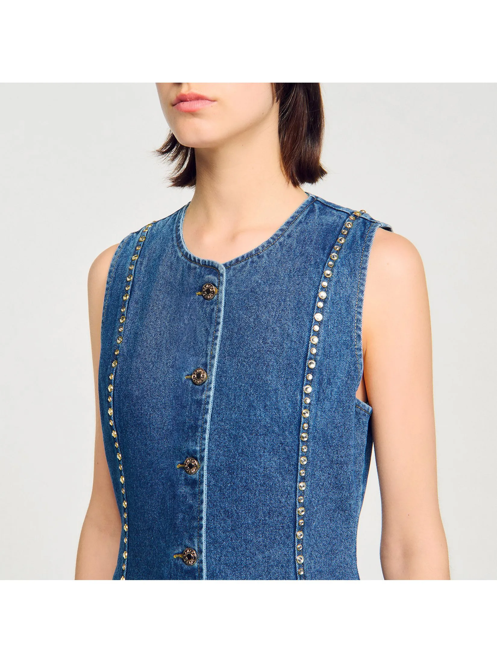 SANDRO Rhinestone Denim Top