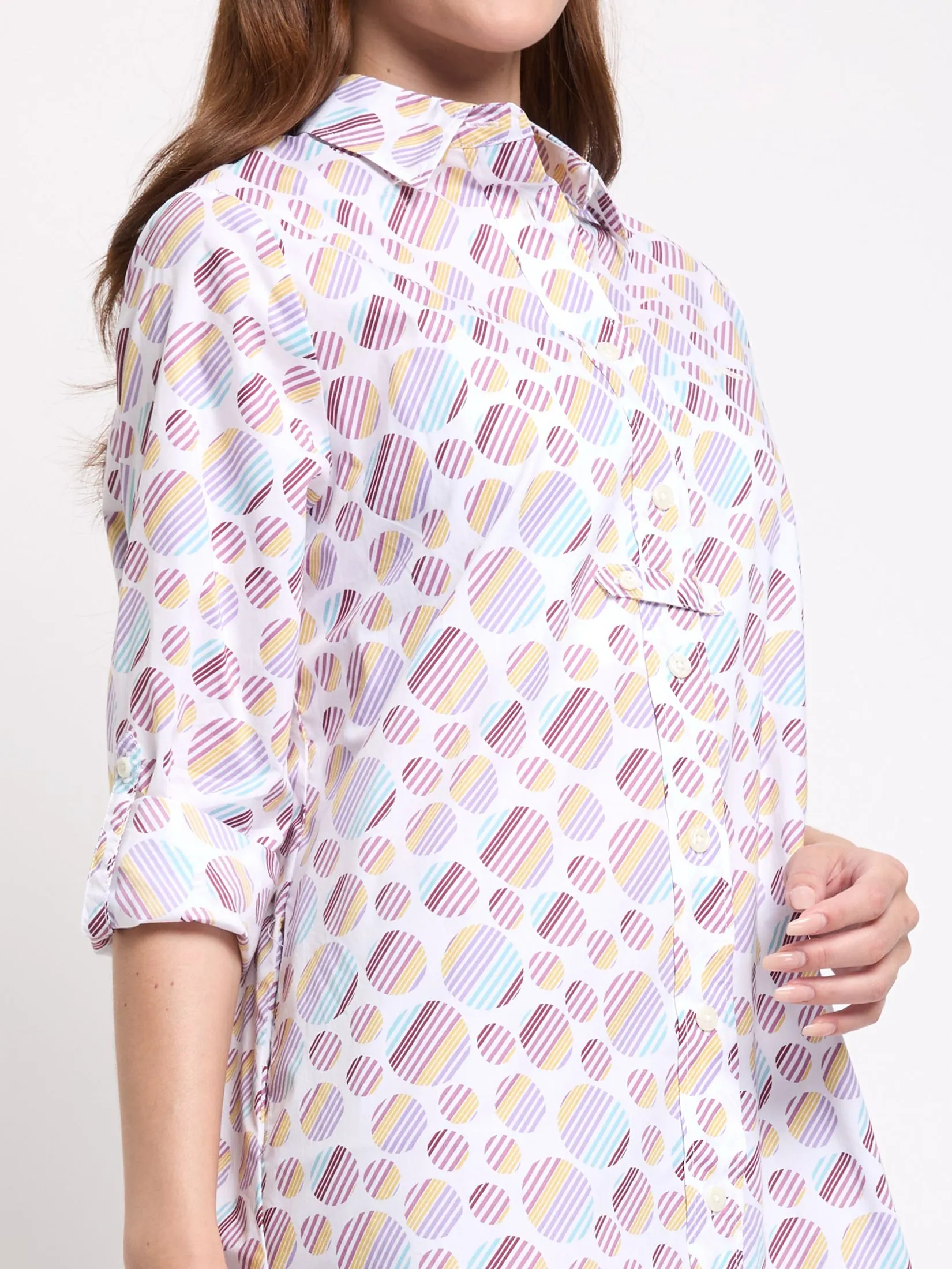 ALUMNUS Women Dress Long Sleeves Collar Neck Print Off White