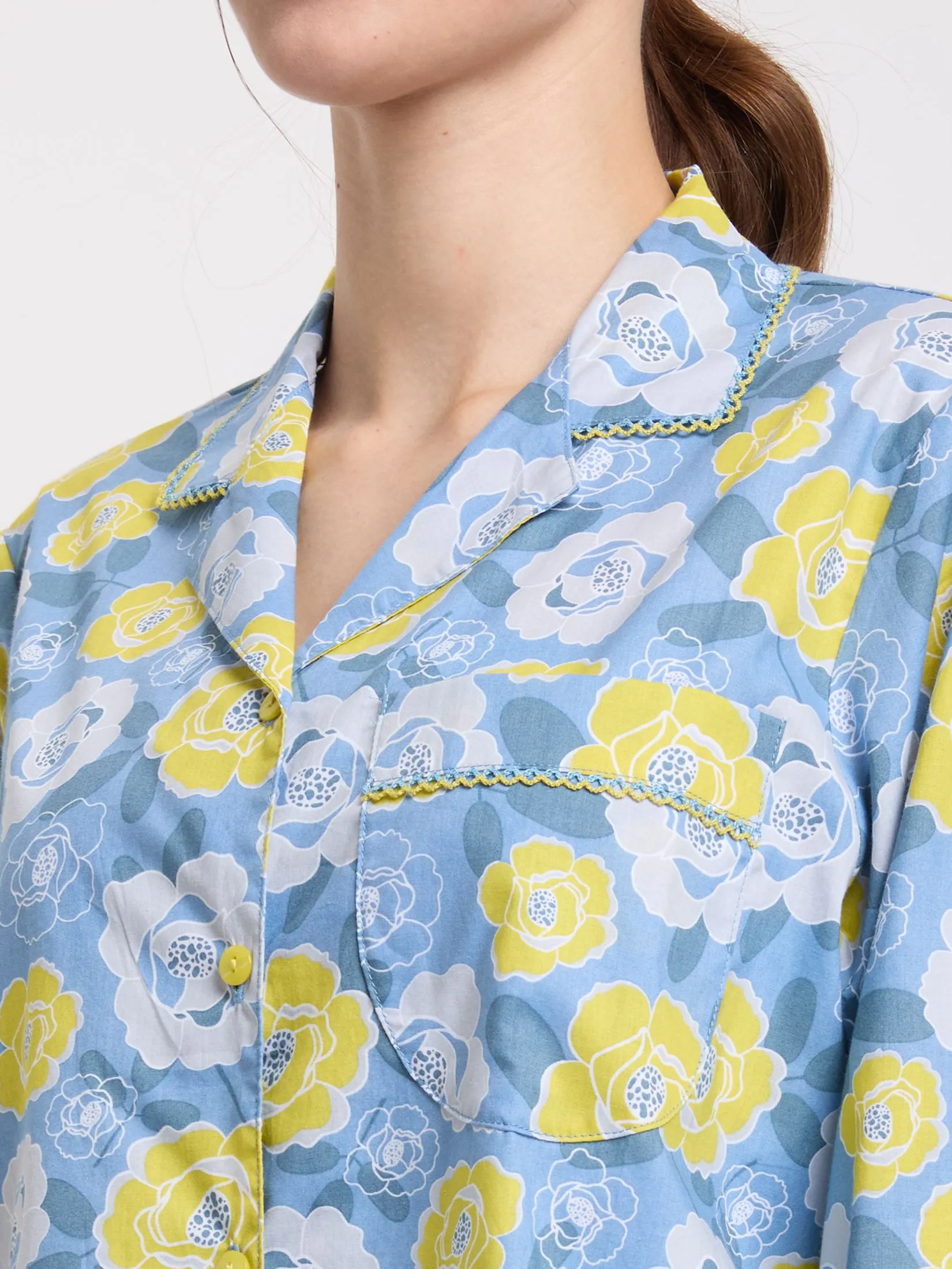 CLAUDIA'S ROMANCE Women Pyjamas Shirt Long Sleeves + Pants Floral Print Light Blue