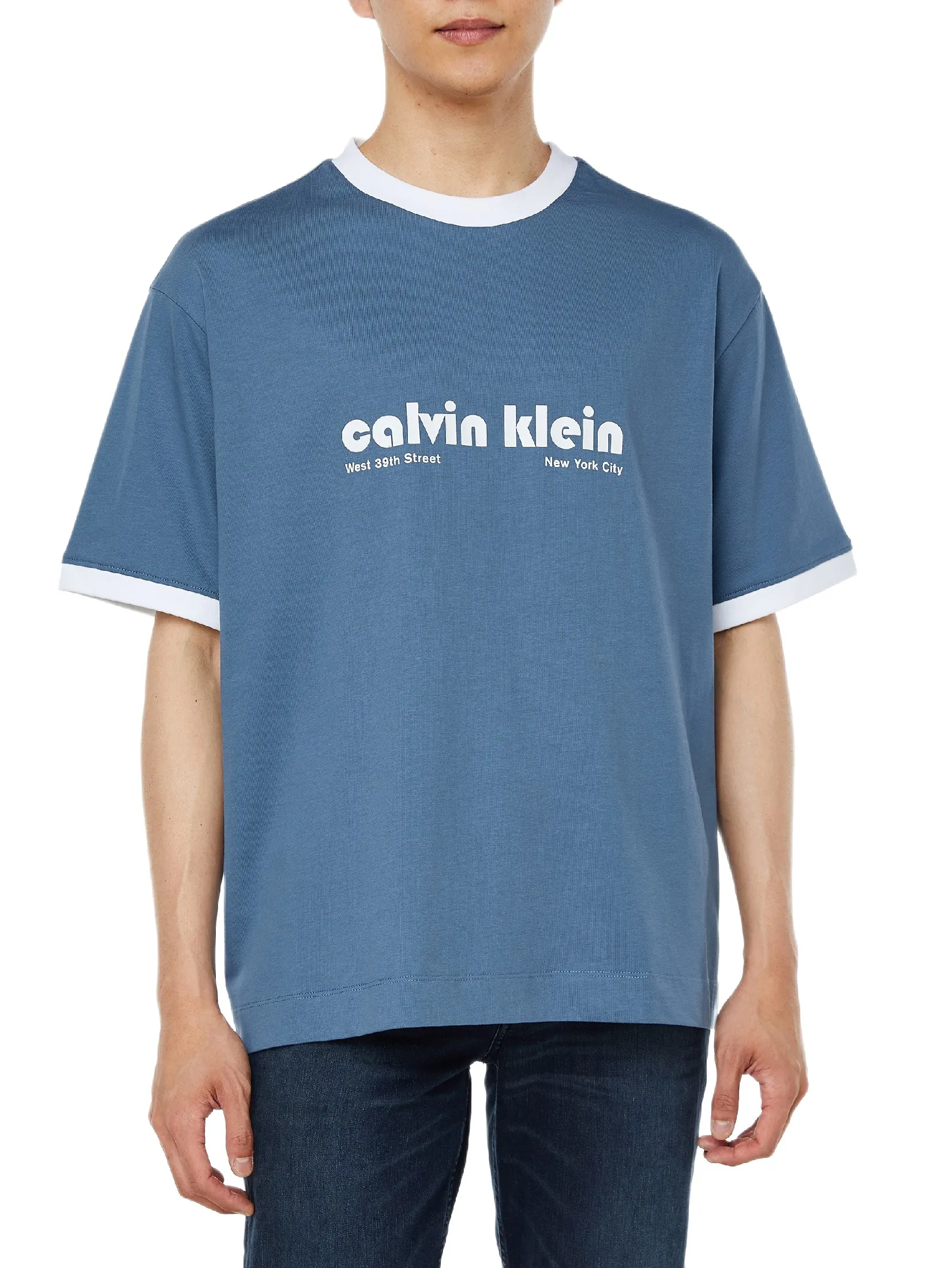 CALVIN KLEIN Men s Relaxed Fit Retro Logo Ringer Short Sleeve T-Shirt Blue