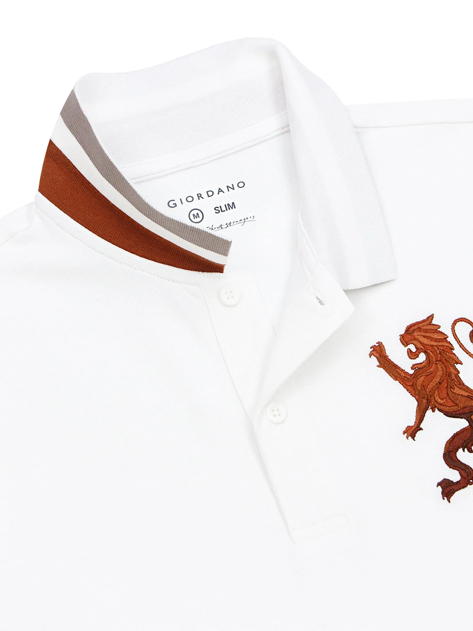 GIORDANO Men's Lycra Pique Embroidery Polo (3D Lion) White
