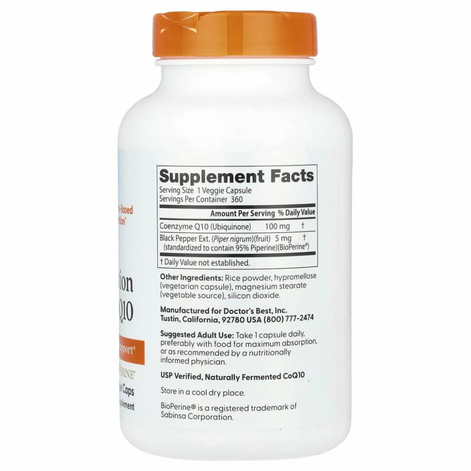 Doctor's Best, коэнзим Q10 с высокой степенью всасывания, с BioPerine, 100 мг, 360 вегетарианских капсул
