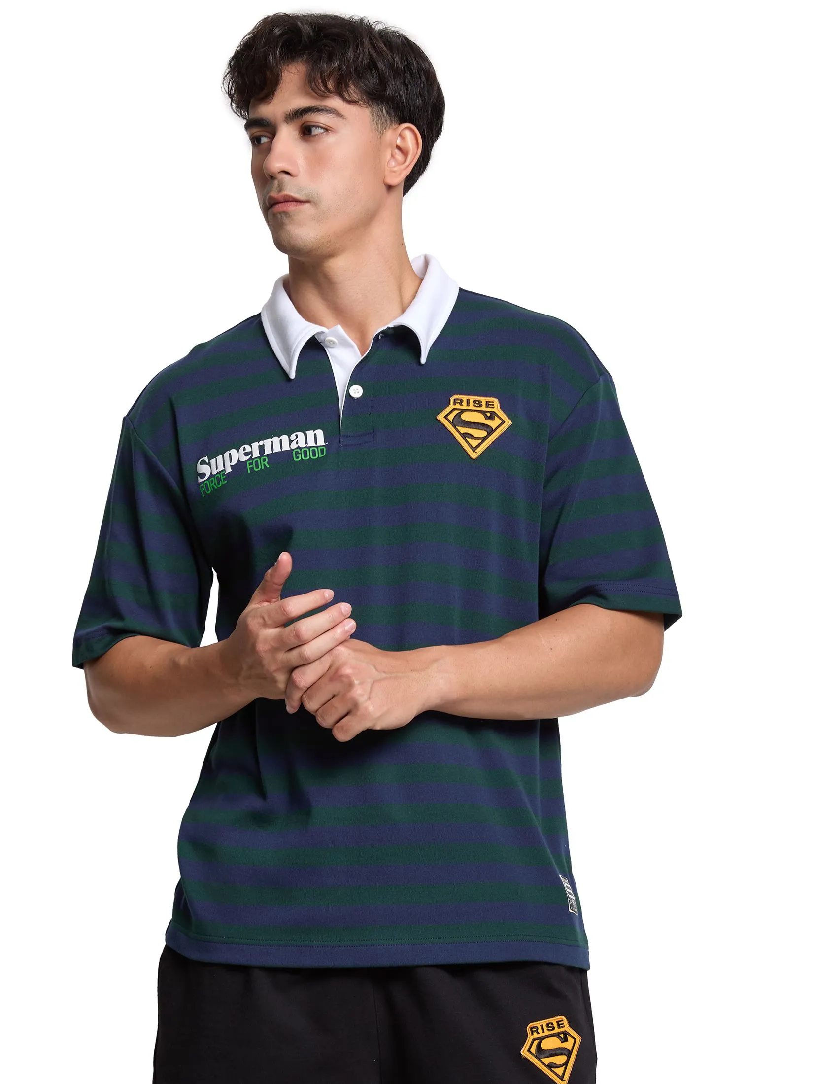 PACIFIC UNION Men Polo Shirt Stripe Superman Green