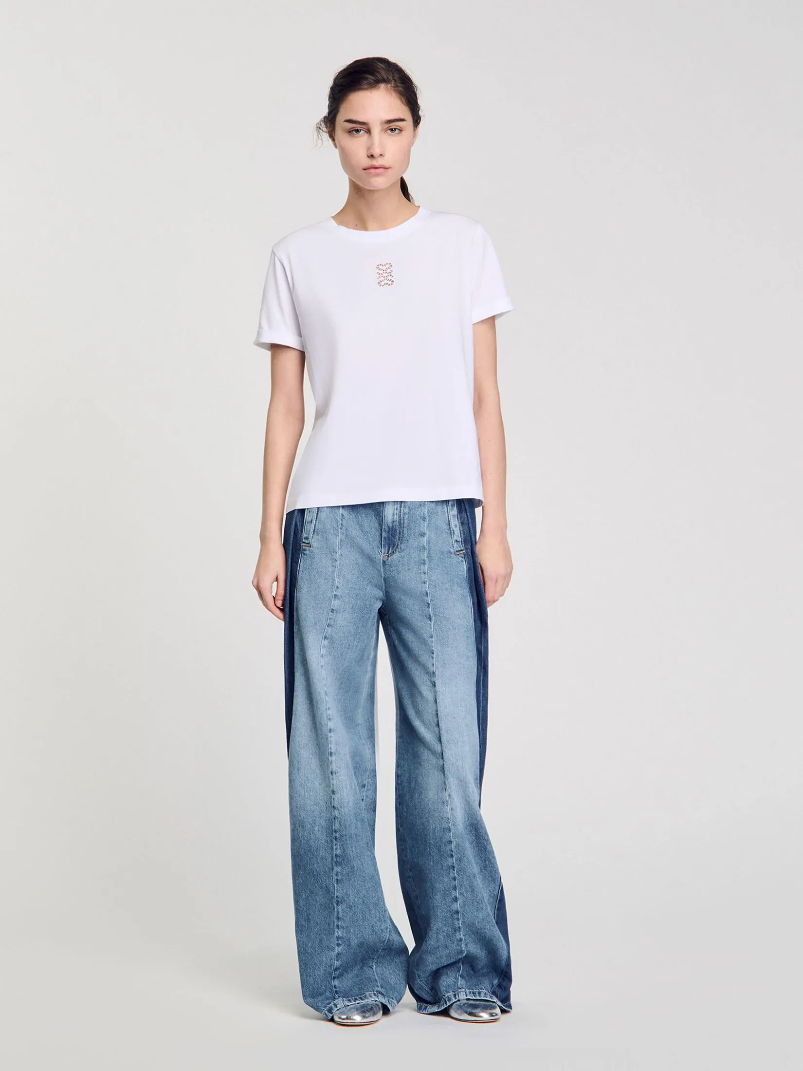 SANDRO Cotton T-Shirt with Embroidery