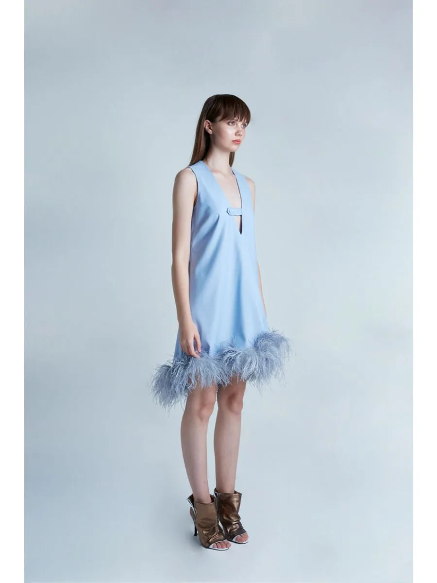 SENADA WOMEN PLUNGE NECK FUR TRIMMED LIGHT BLUE DRESS