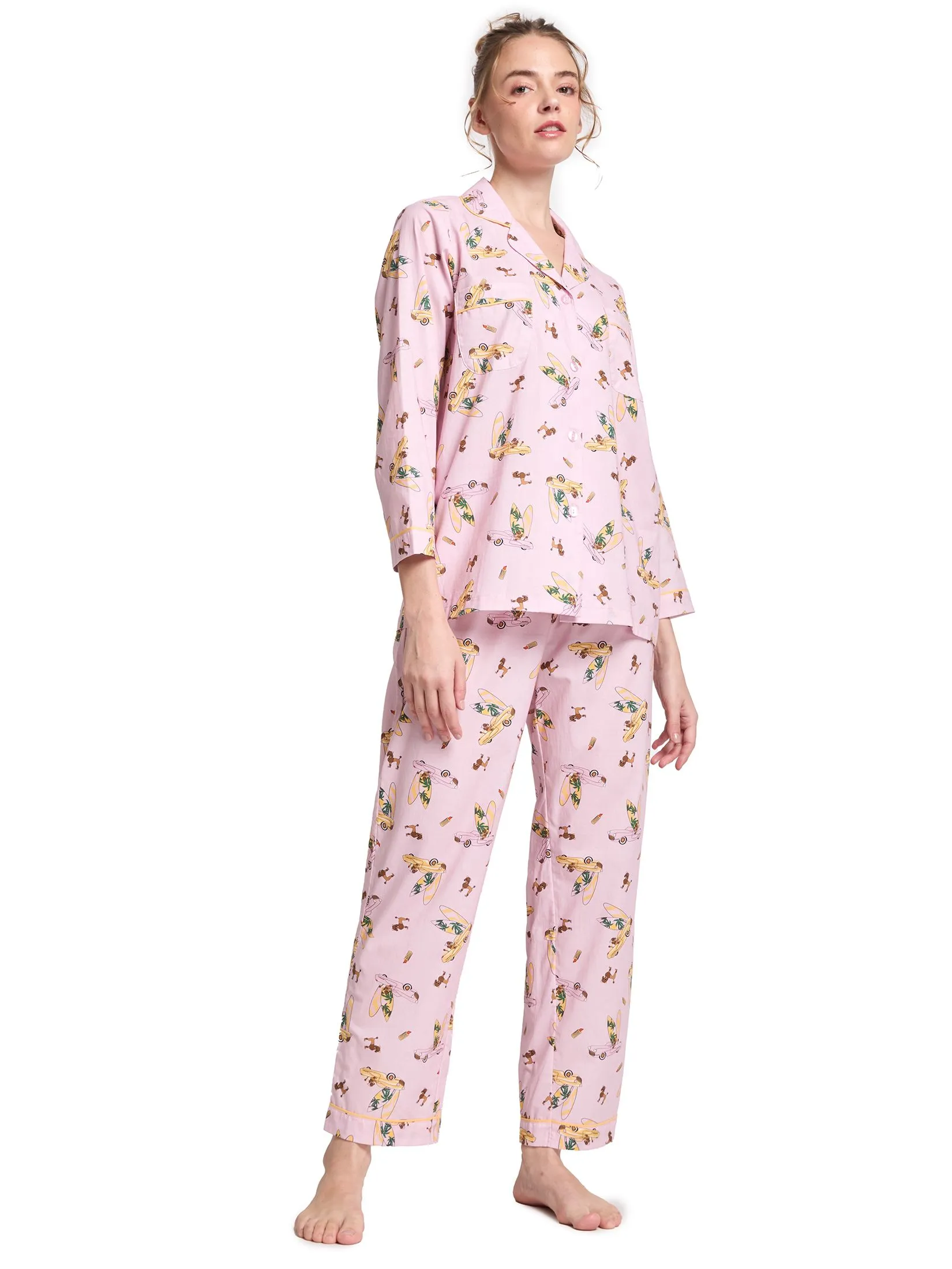 FOF Women Pyjamas Shirt Long Sleeves Collar Neck + Pants Print Light Pink
