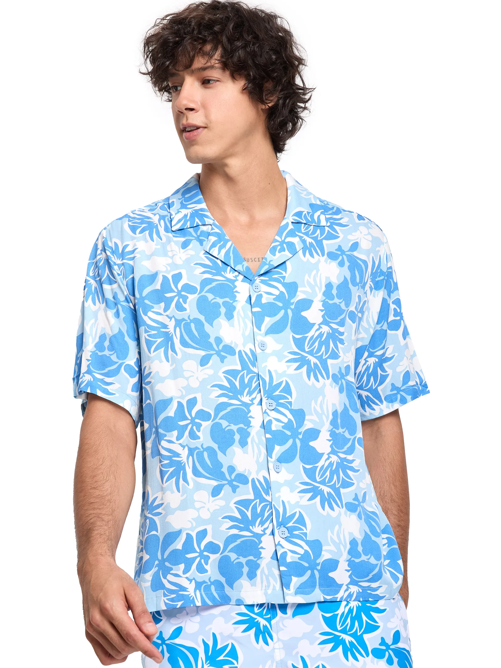 DEFRY 01 Men Shirt Short Sleeves Hawaiian Style Navy