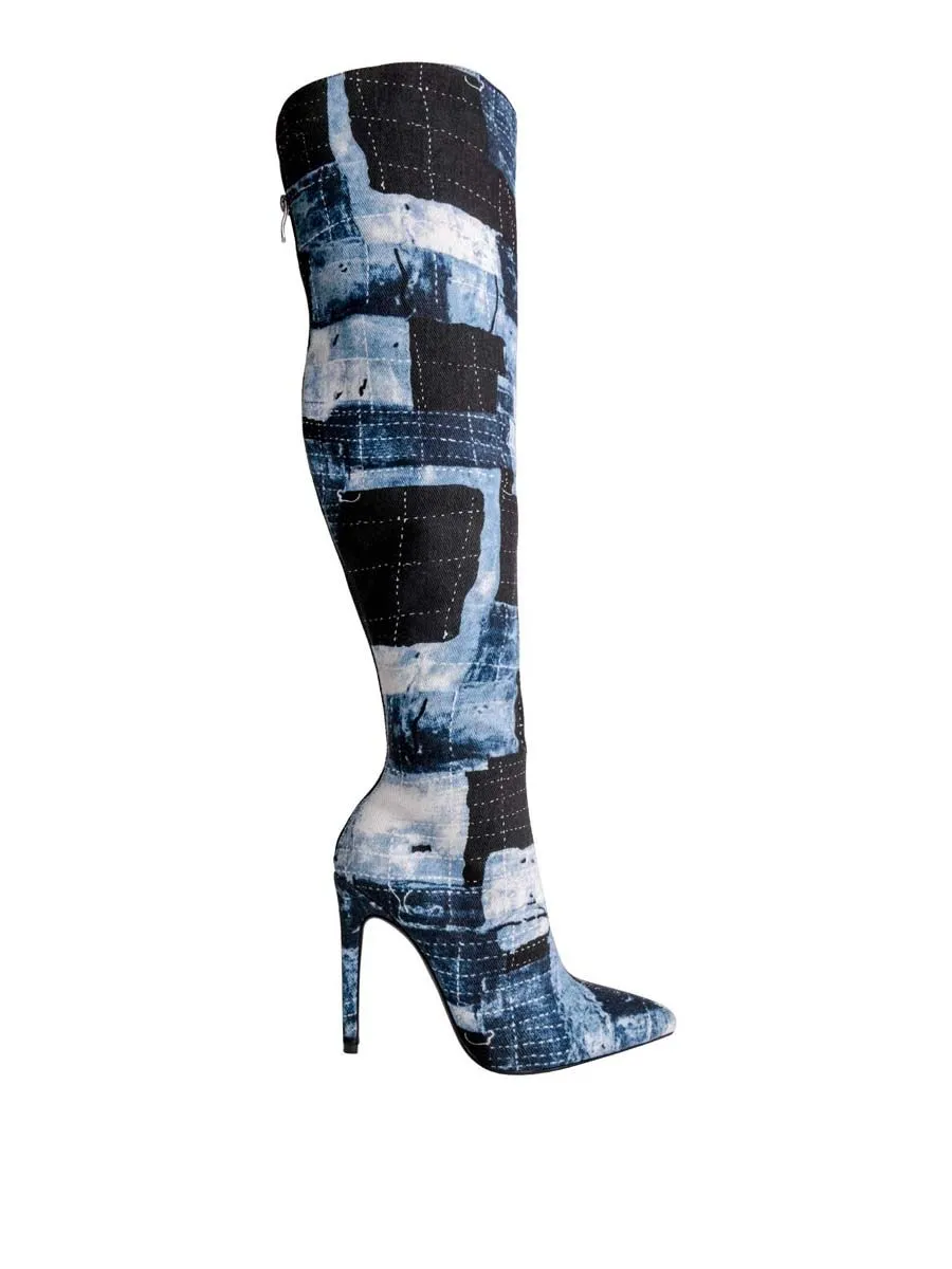 VILLAINS SF TONE Knee High Boots DENIM COMBO